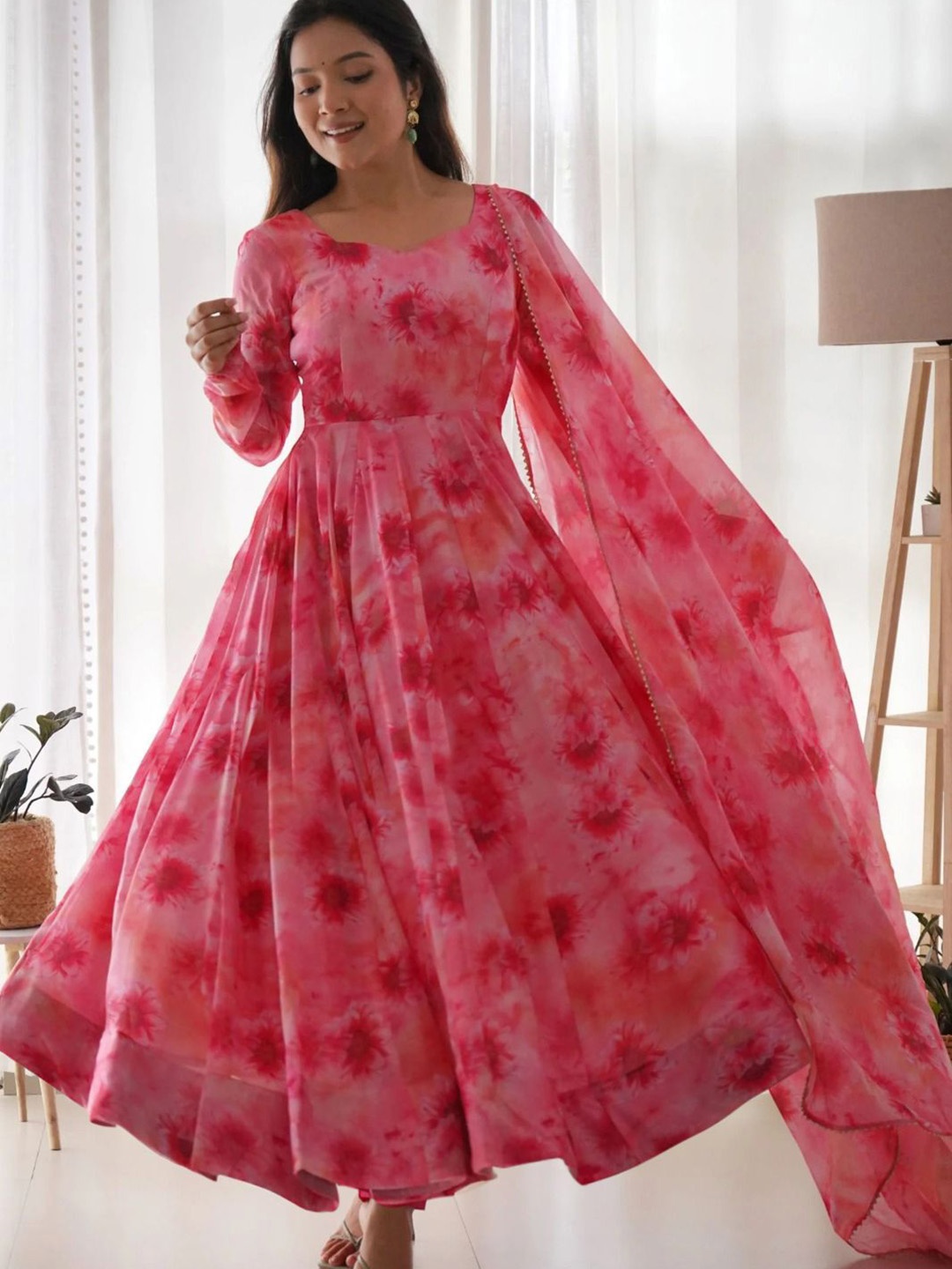 BAESD Abstract Printed Anarkali Ethnic Dress With Dupatta, Pink