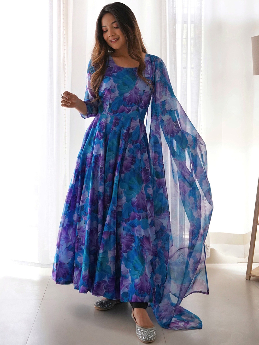

BAESD Abstract Printed Anarkali Ethnic Dress With Dupatta, Blue