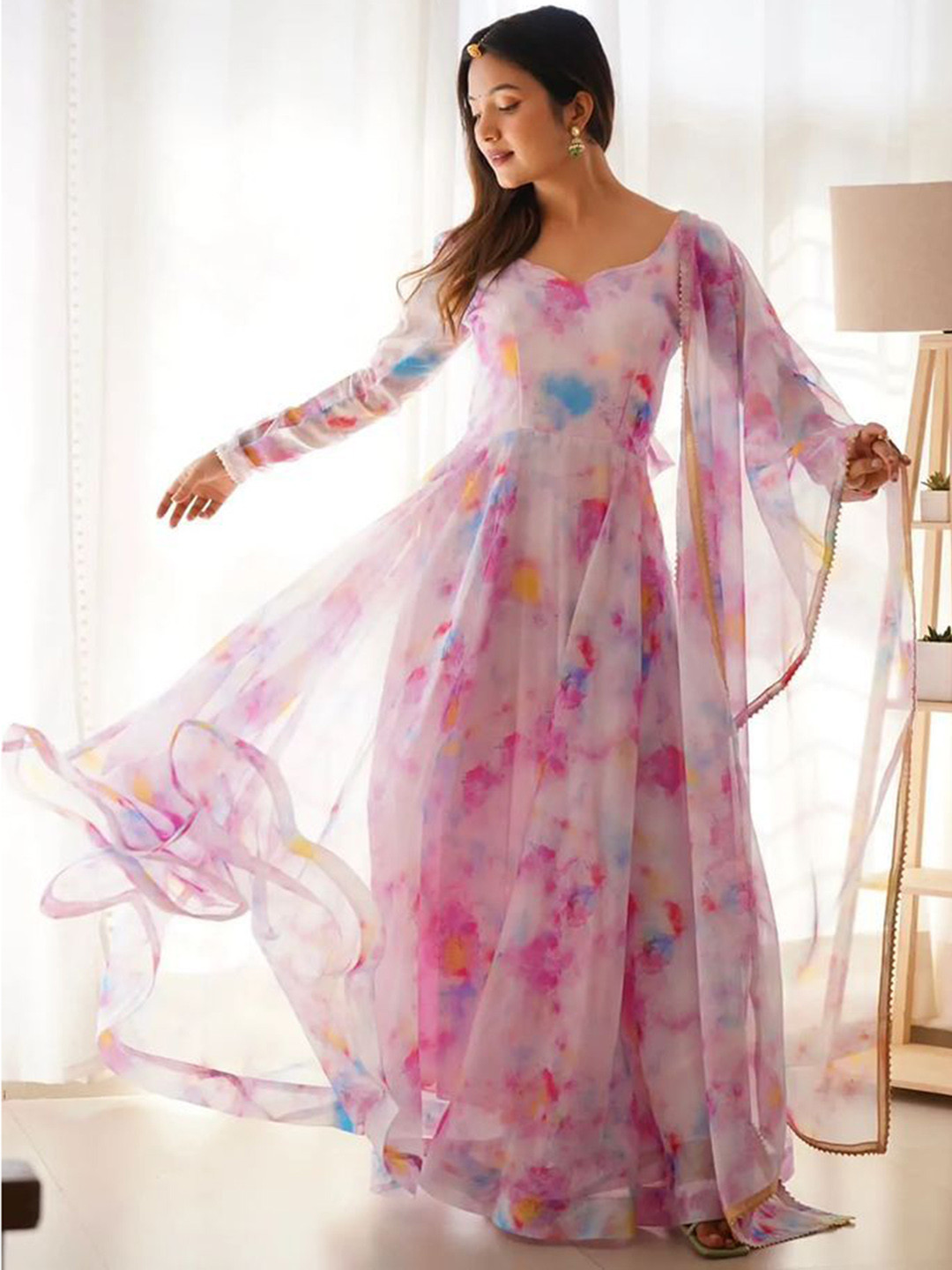 

BAESD Abstract Printed Anarkali Ethnic Dress With Dupatta, Pink