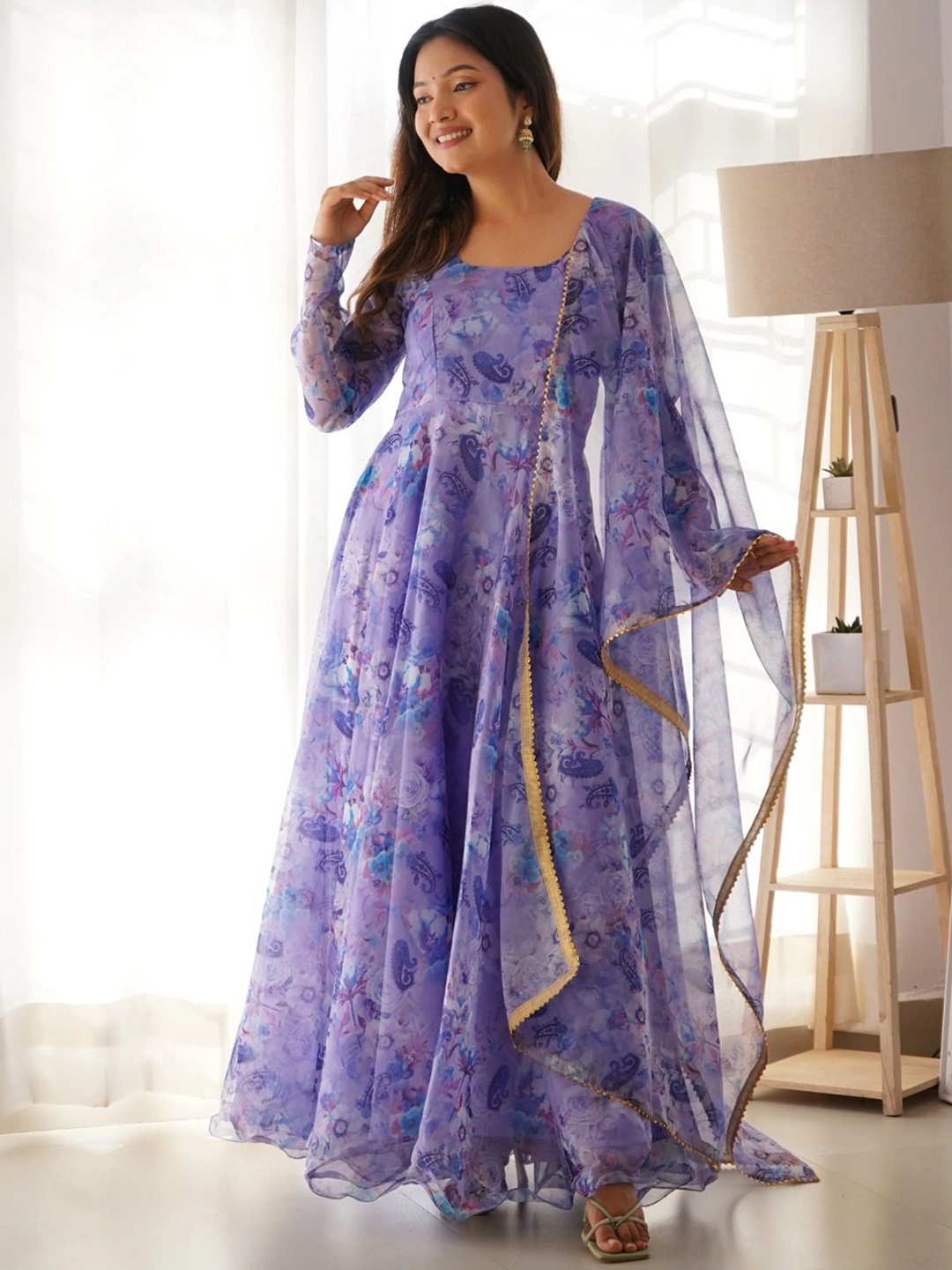 BAESD Abstract Printed Anarkali Ethnic Dress With Dupatta, Purple