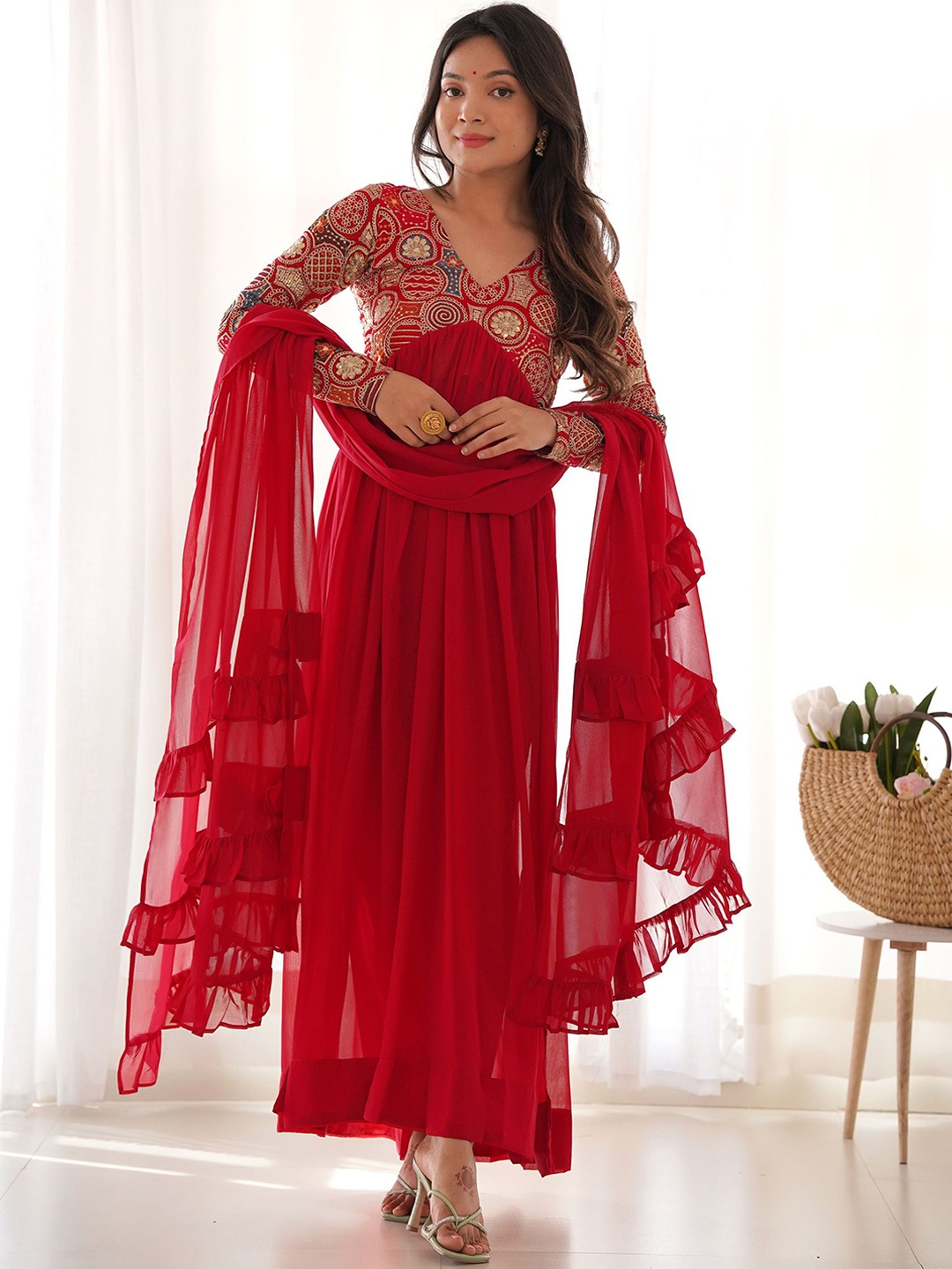 BAESD Embroidered Fit & Flared V- Neck Georgette Maxi Ethnic Dress With Dupatta, Red