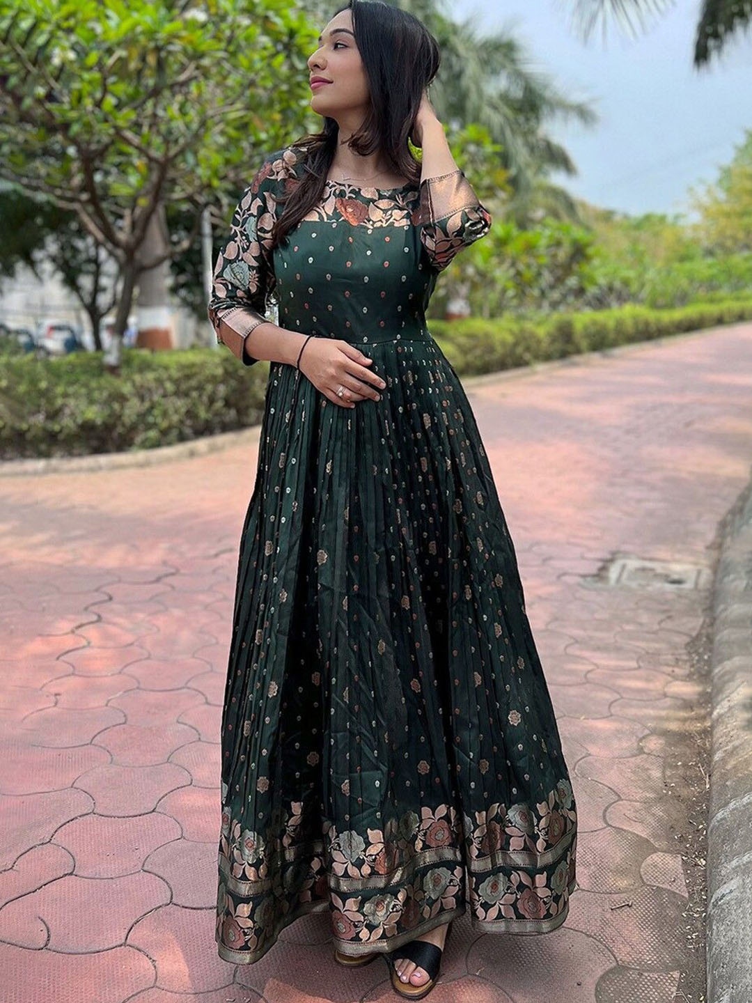 

BAESD Floral Woven Anarkali Ethnic Dress, Green