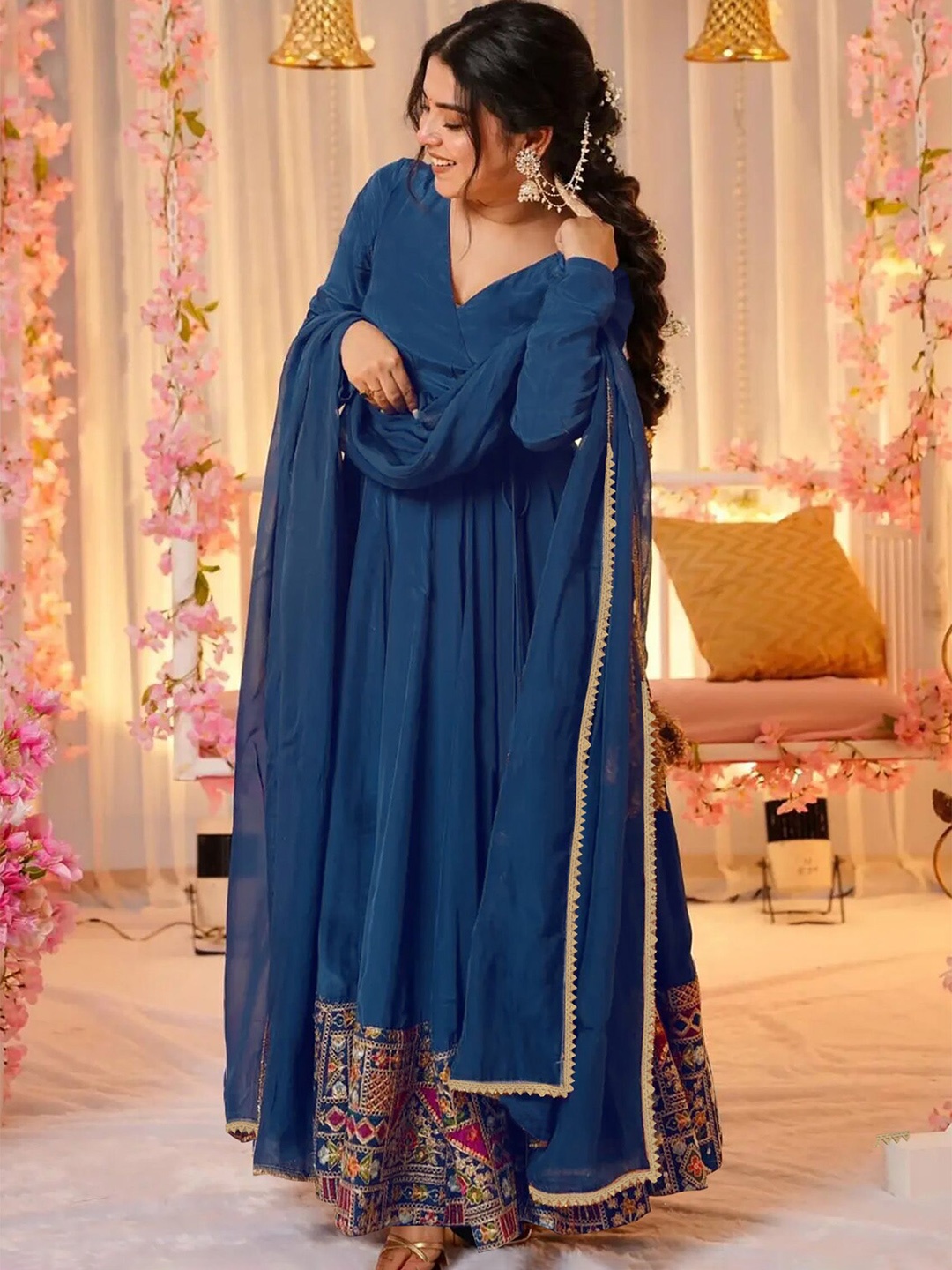 

BAESD Embellished Thread Work Anarkali Ethnic Dress With Dupatta, Blue