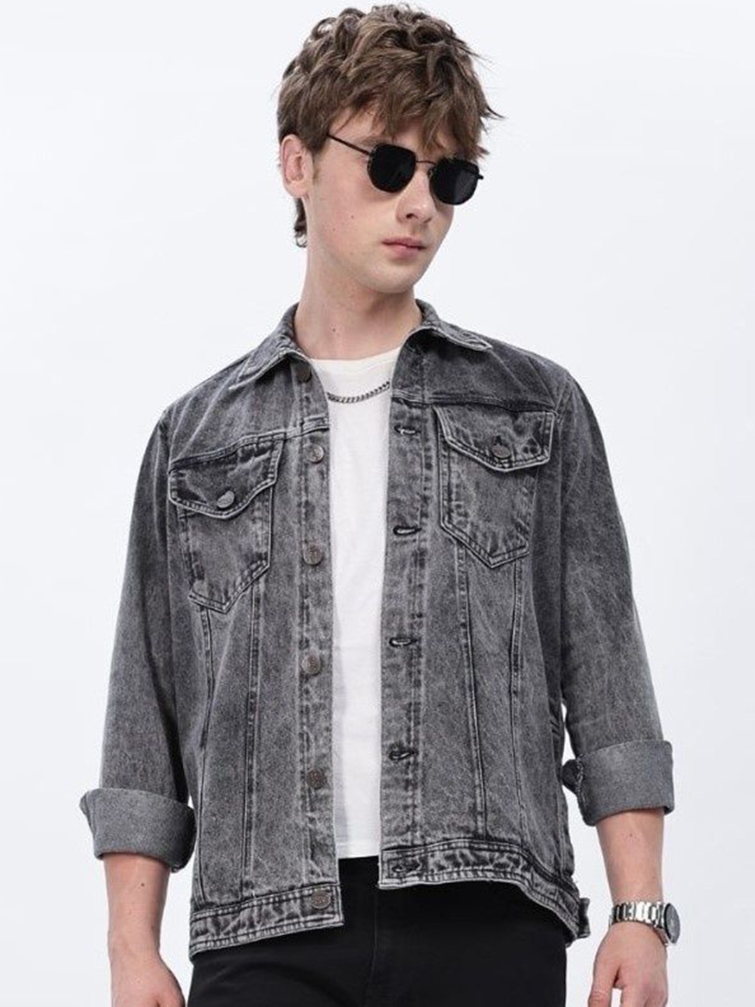 

TBS- THE BARGAIN STREET Men Spread Collar Solid Cotton Casual Lightweight Denim Jacket, Grey