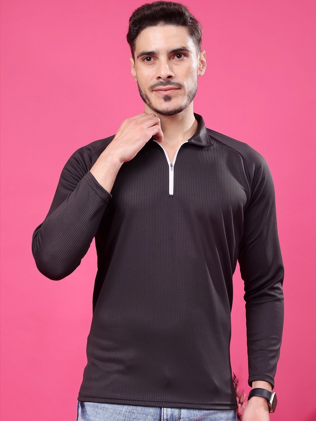 

madfrog Men Striped Polo Collar T-shirt, Black