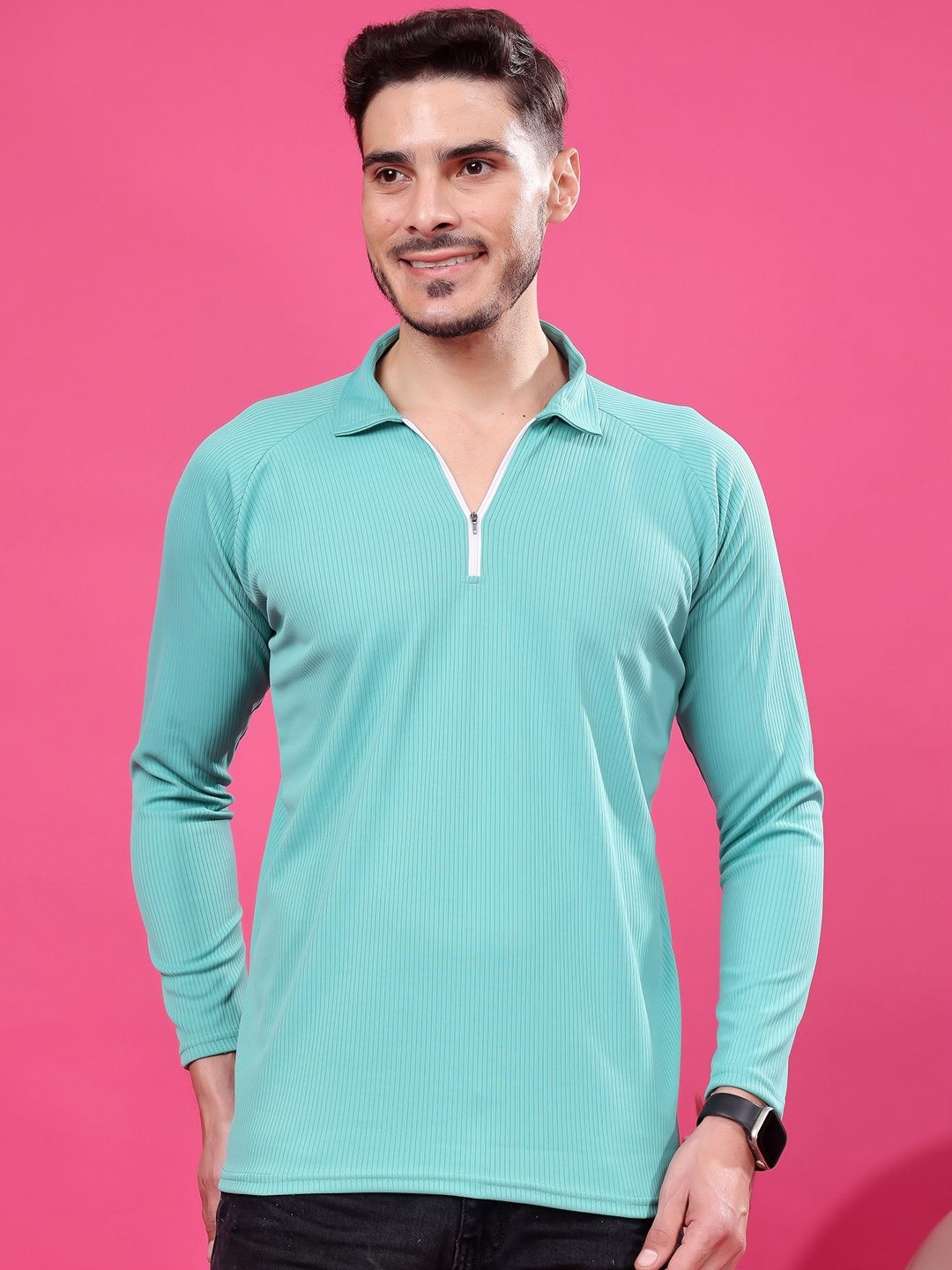 

madfrog Men Striped Polo Collar T-shirt, Sea green
