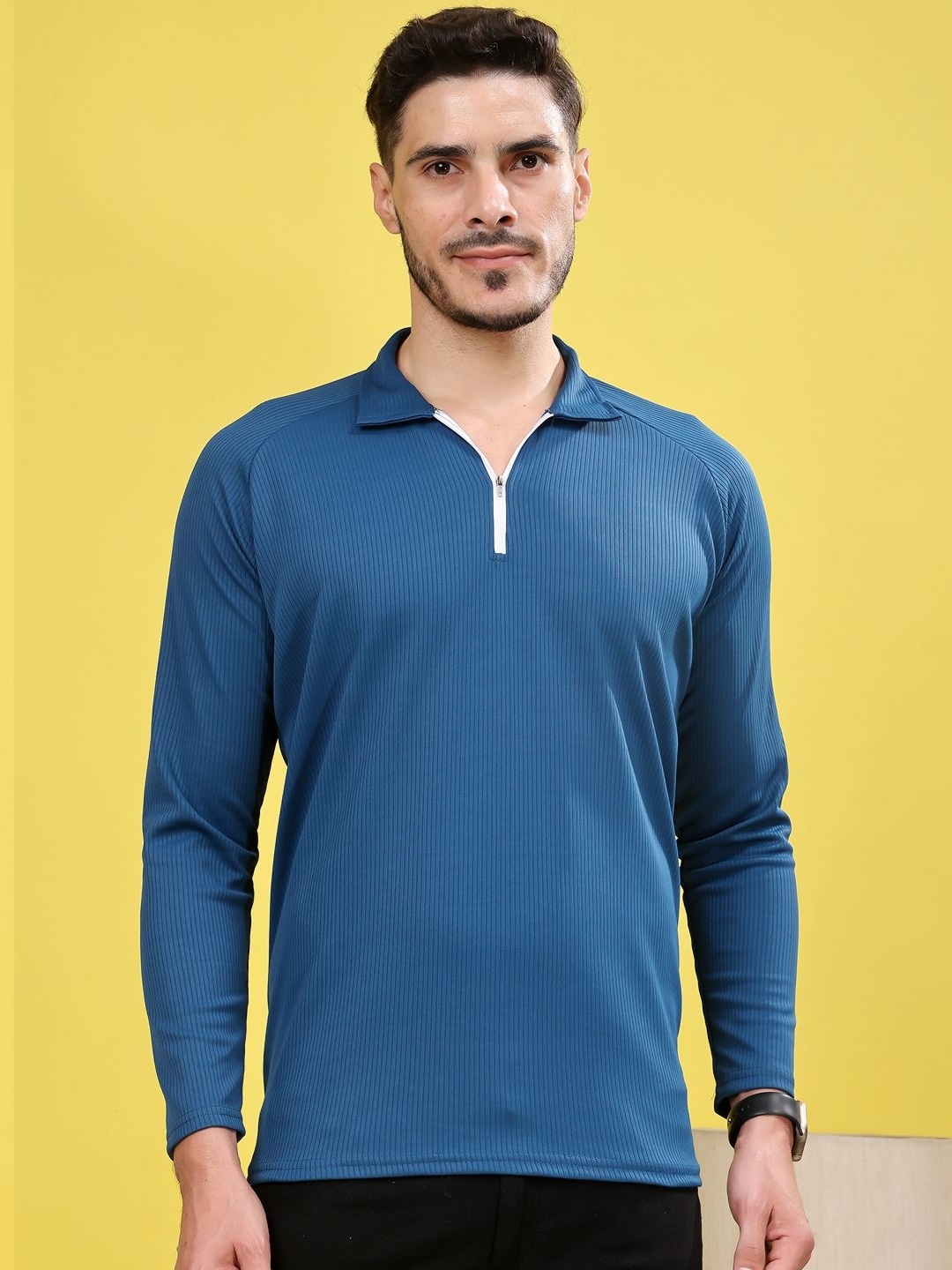 

madfrog Men Striped Polo Collar T-shirt, Teal