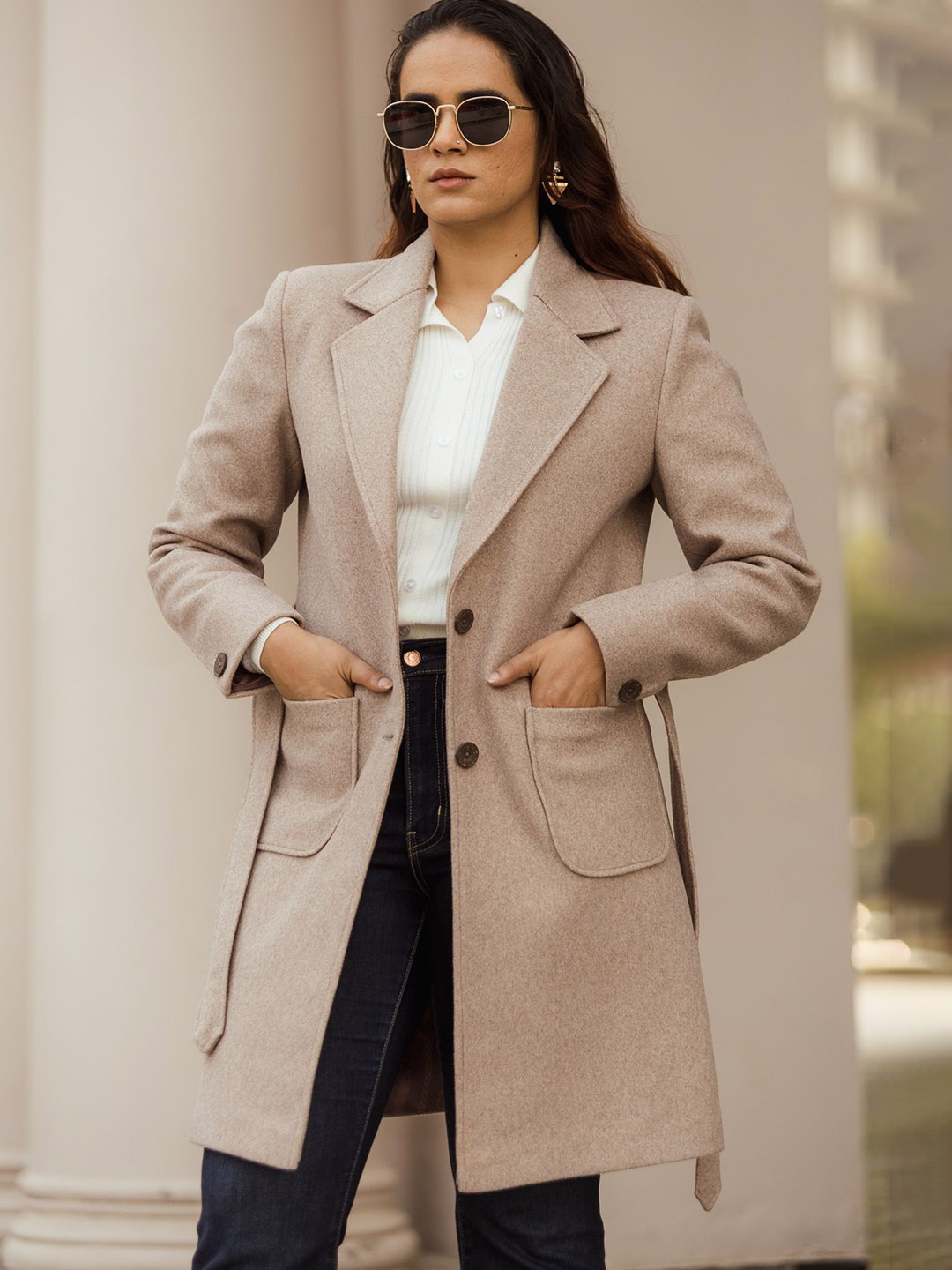 

JAVINISHKA Wool Notched Lapel Collar Single Breasted Long Pea Coat With Belt, Beige