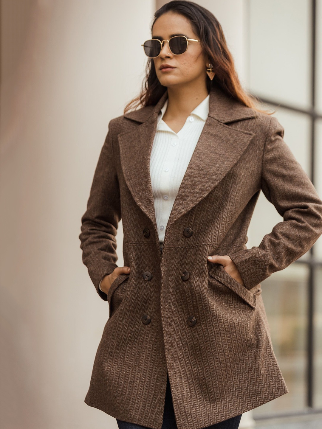 

JAVINISHKA Women Self Design Notched Lapel Long Pea Coat, Brown