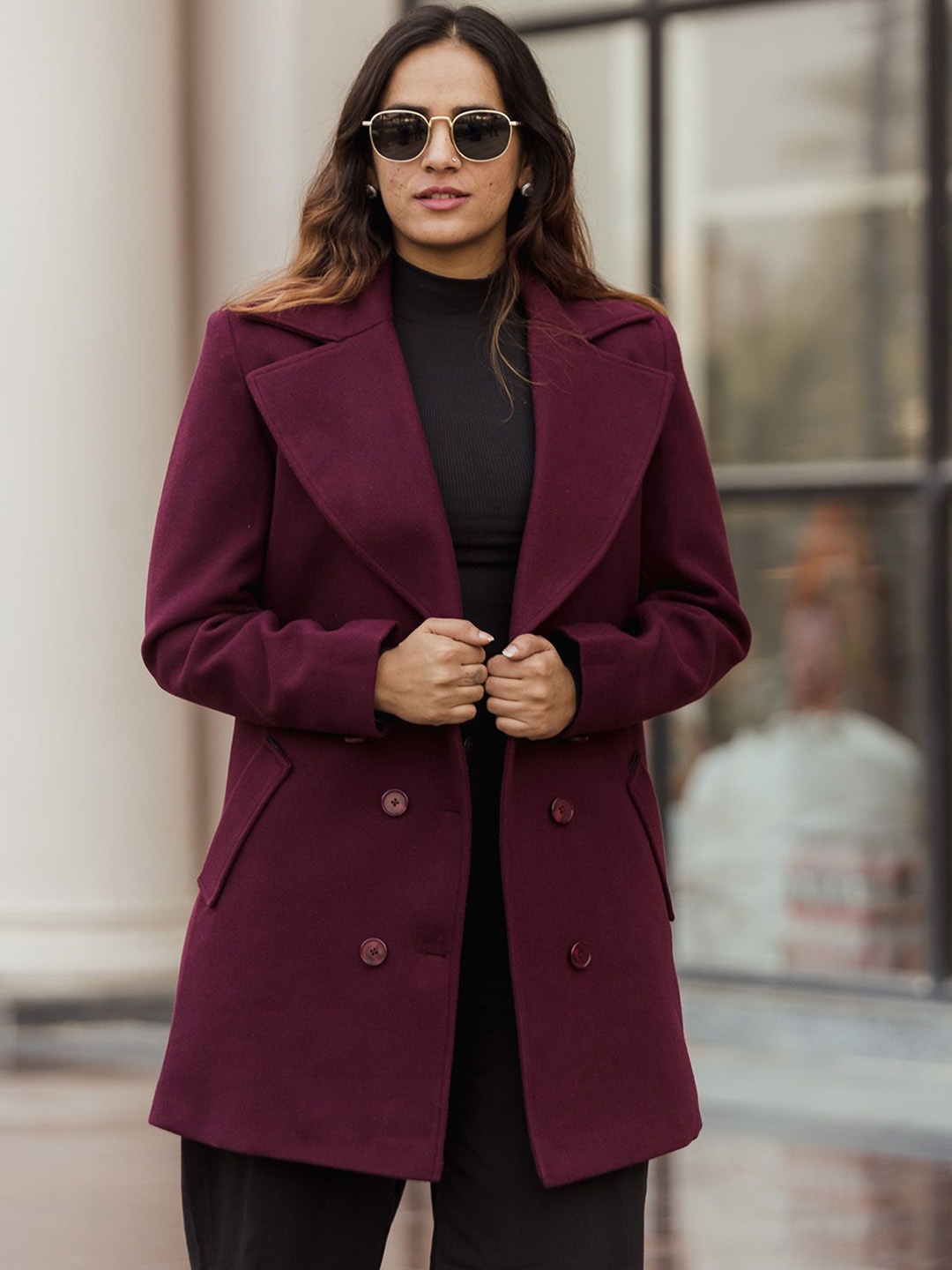 

JAVINISHKA Double Breasted Knee Length Pea Coat, Burgundy