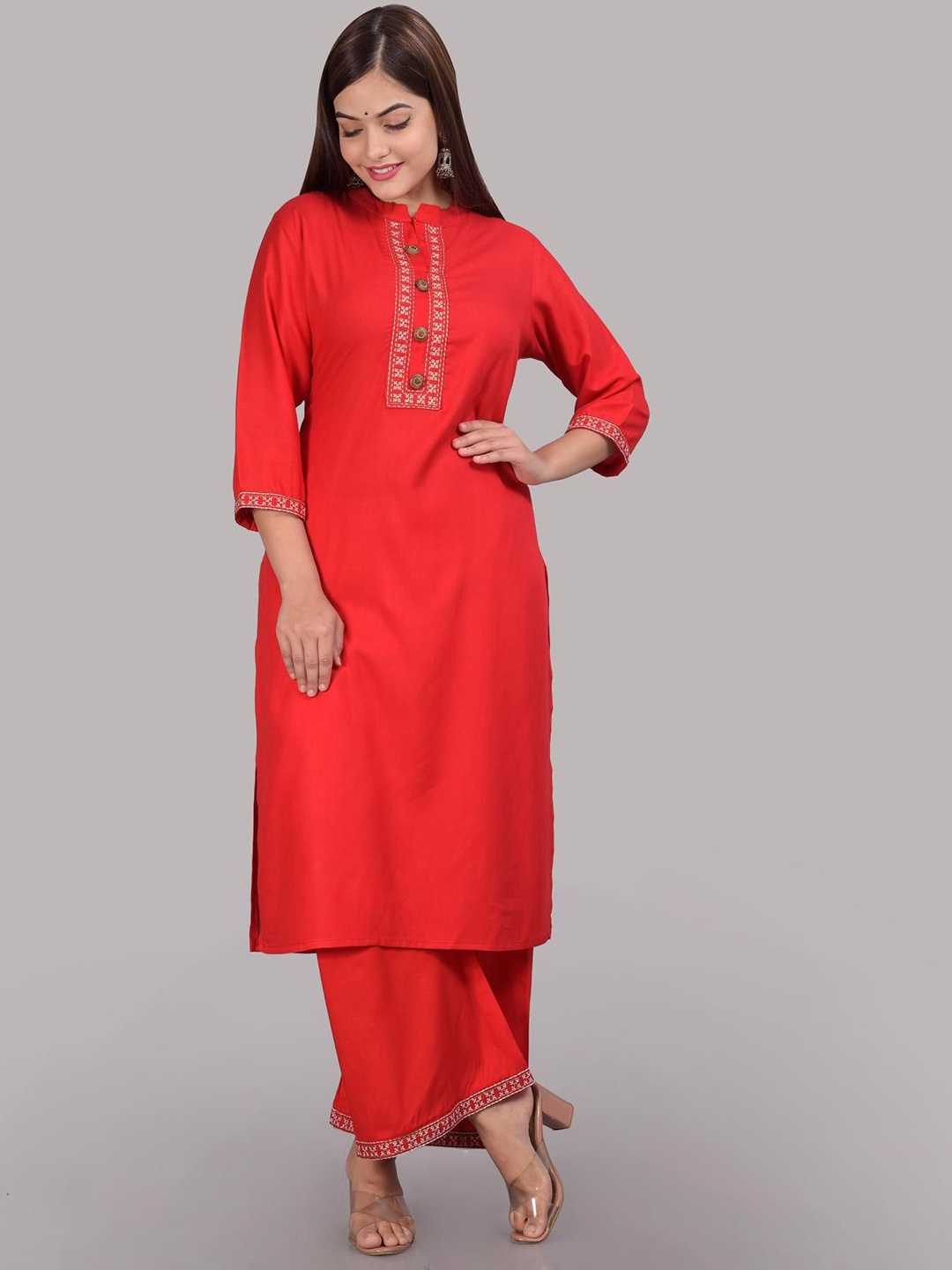 

Niona Mandarin Collar Thread Work Straight Kurta With Palazzo, Red