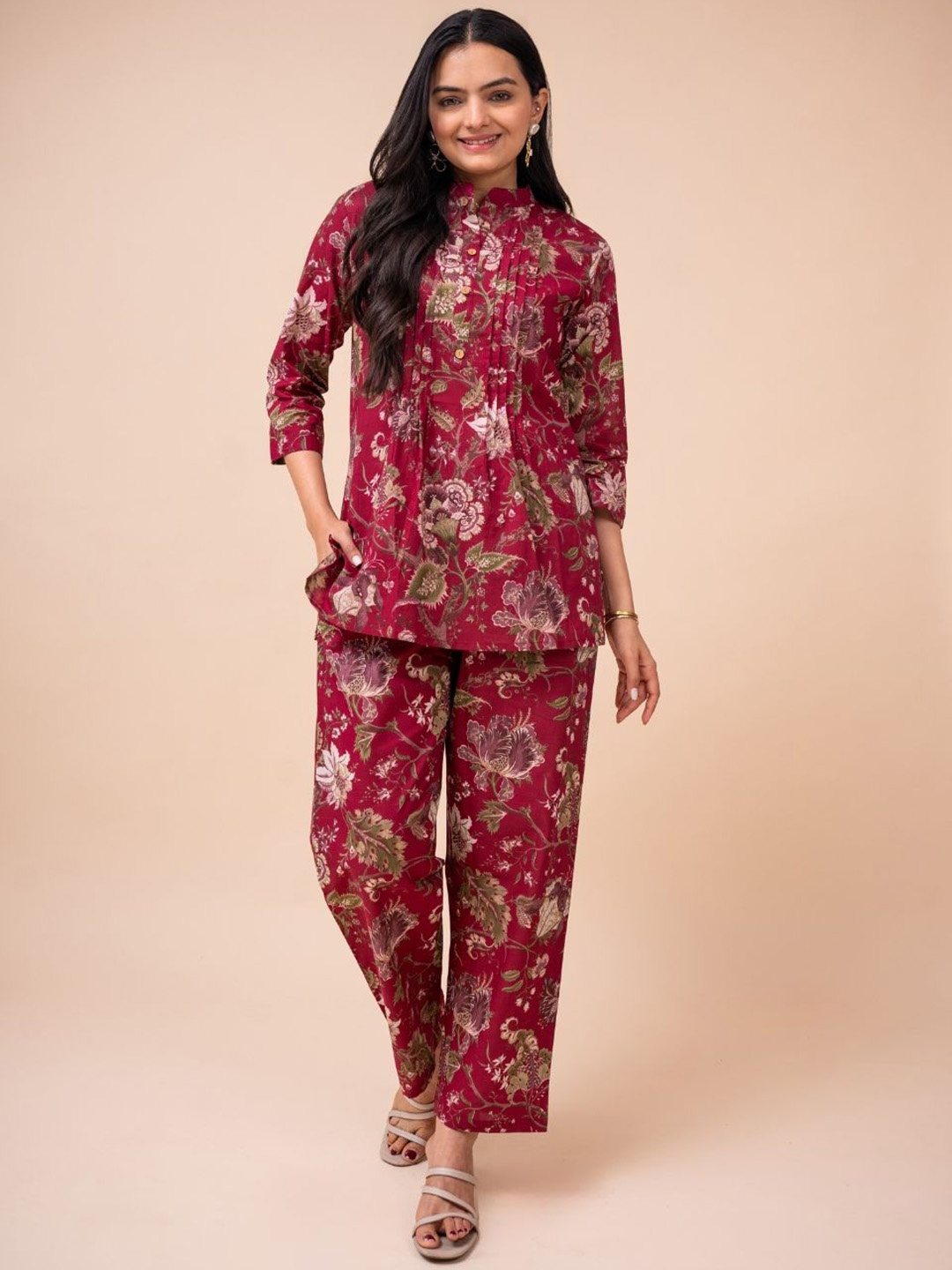 

EKISHA Floral Printed Mandarin Collar Pure Cotton Tunic With Trouser, Pink