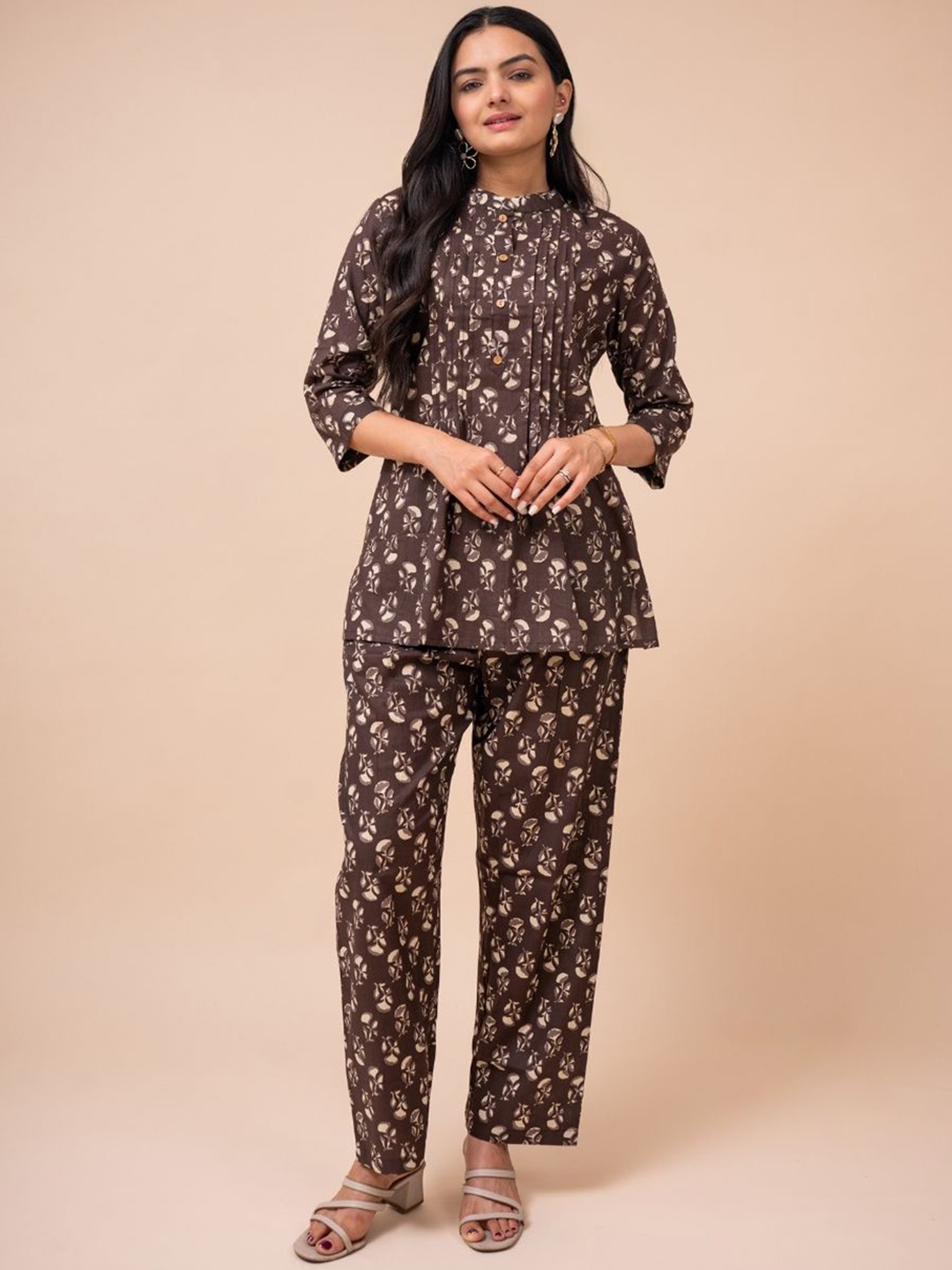 

EKISHA Floral Printed Mandarin Collar Pure Cotton Tunic With Trouser, Brown
