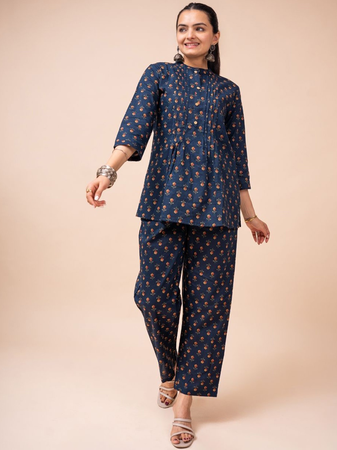 

EKISHA Floral Printed Mandarin Collar Pure Cotton Tunic With Trouser, Navy blue