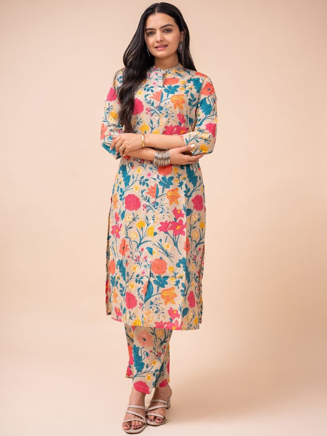 

EKISHA Floral Printed Mandarin Collar Pure Cotton Tunic With Trouser, Beige