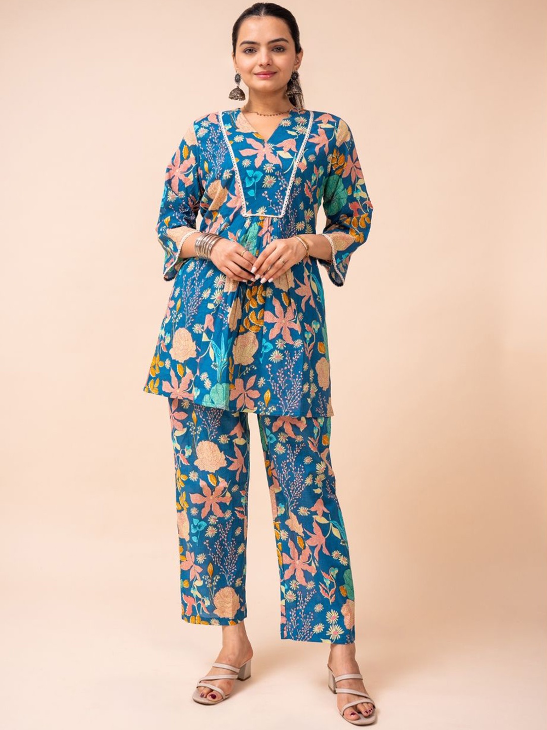 

EKISHA Floral Printed V-Neck Pure Cotton Tunic With Trouser, Blue