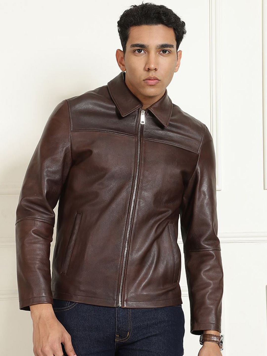 

Saint G Men Satin Water Resistant Leather Jacket, Brown