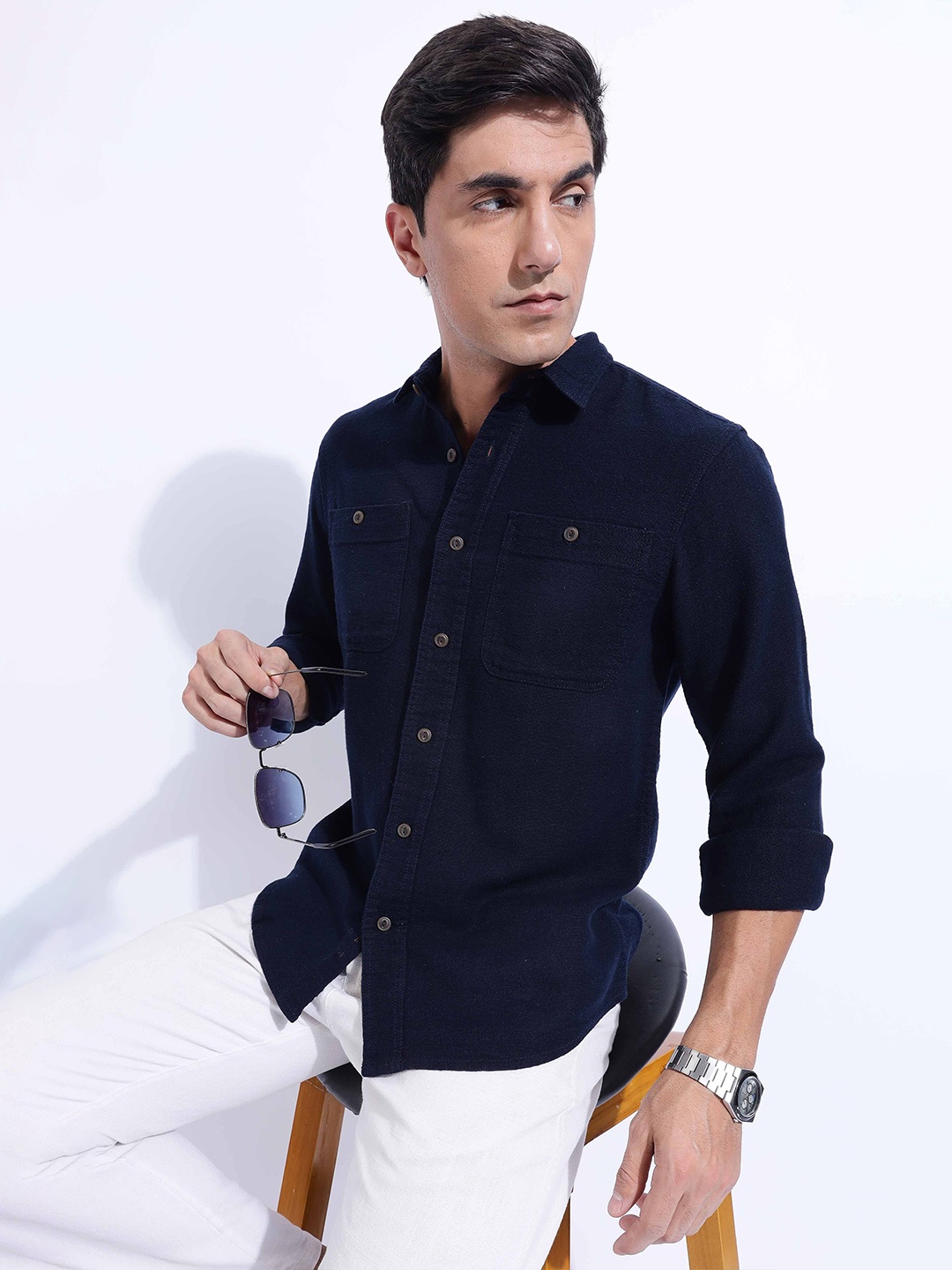 

HERE&NOW Men Spread Collar Solid Cotton Casual Shirt, Navy blue