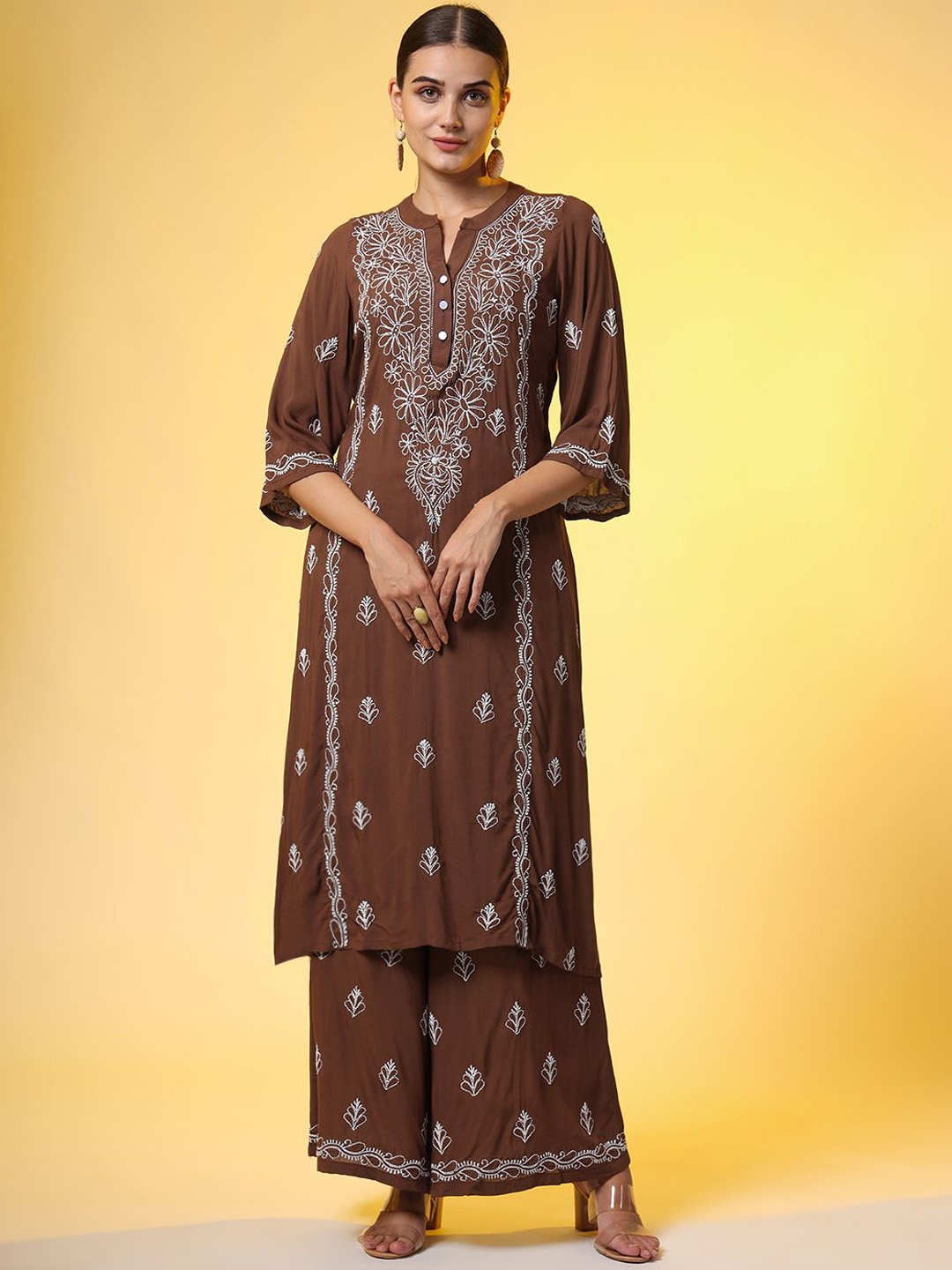 

SUFIZA LIFESTYLE Embroidered Mandarin Collar Pure Cotton Tunic With Palazzo, Brown