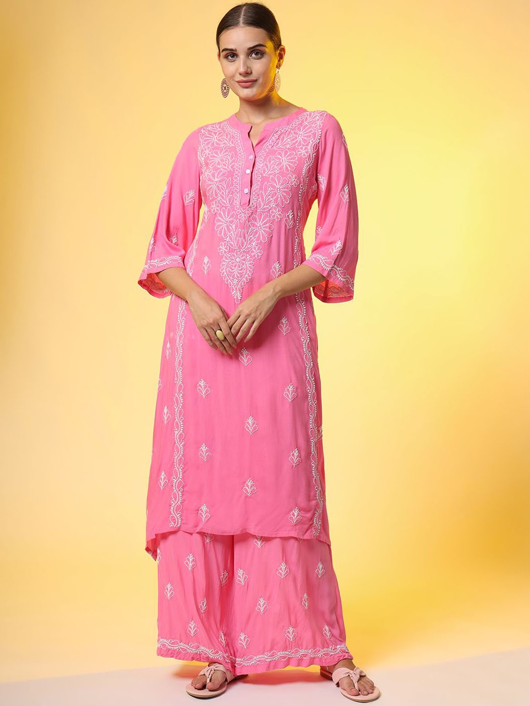 

SUFIZA LIFESTYLE Embroidered Mandarin Collar Pure Cotton Tunic With Palazzo, Pink