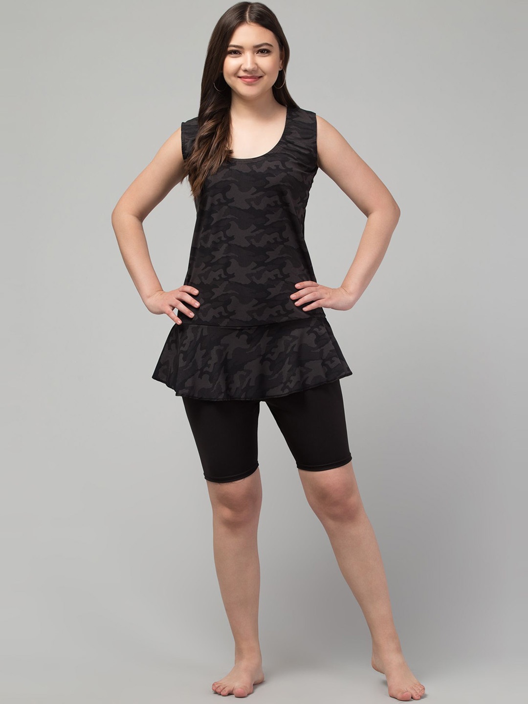 

HIRRUX Women Printed Rounbd Neck Swim Dress With Shorts, Black