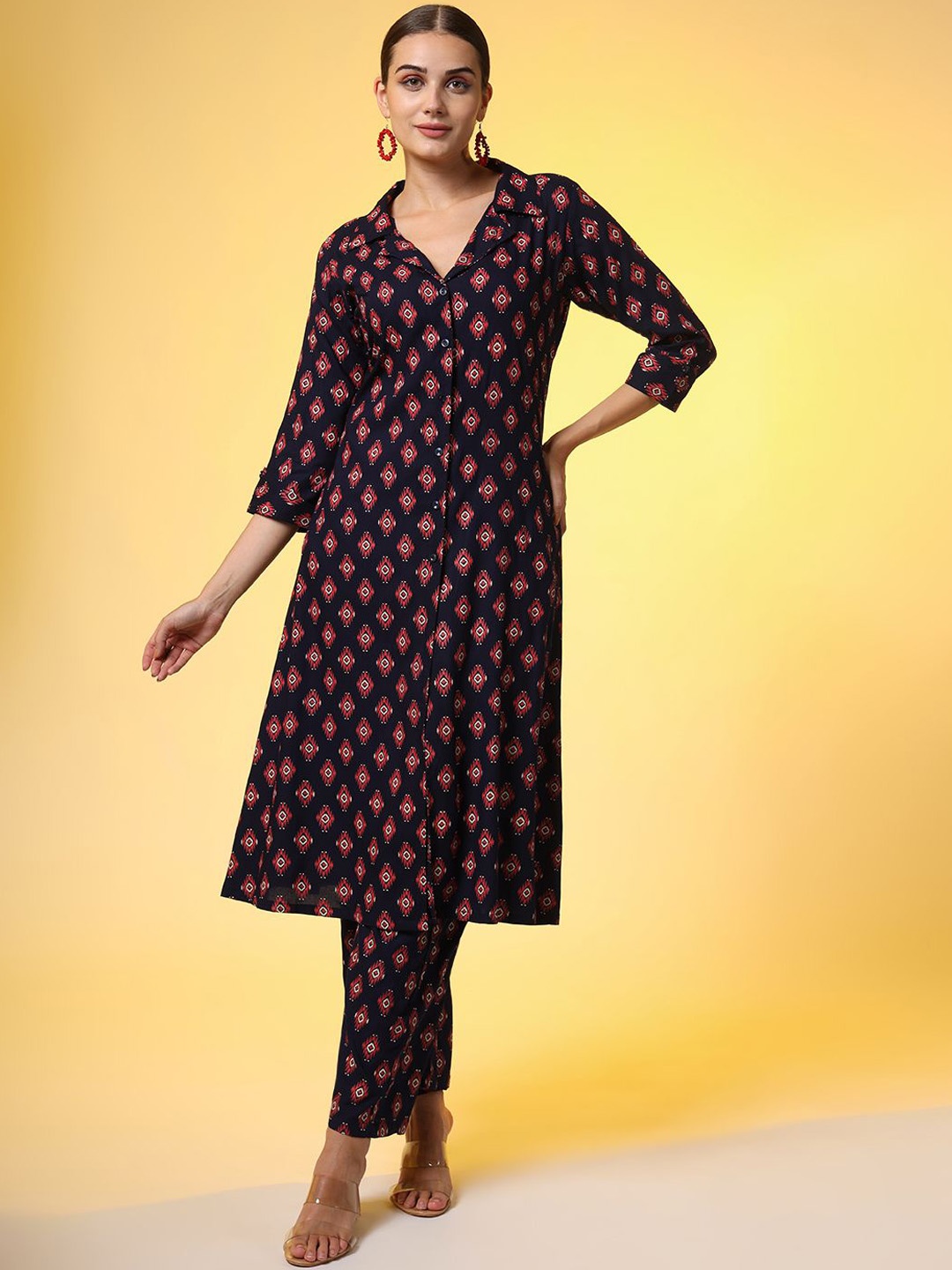 

SUFIZA LIFESTYLE Printed Shirt Collar Tunic With Palazzo, Navy blue