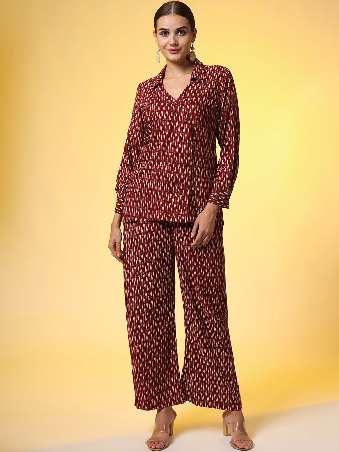 

SUFIZA LIFESTYLE Printed Shirt Collar Tunic With Trouser, Maroon