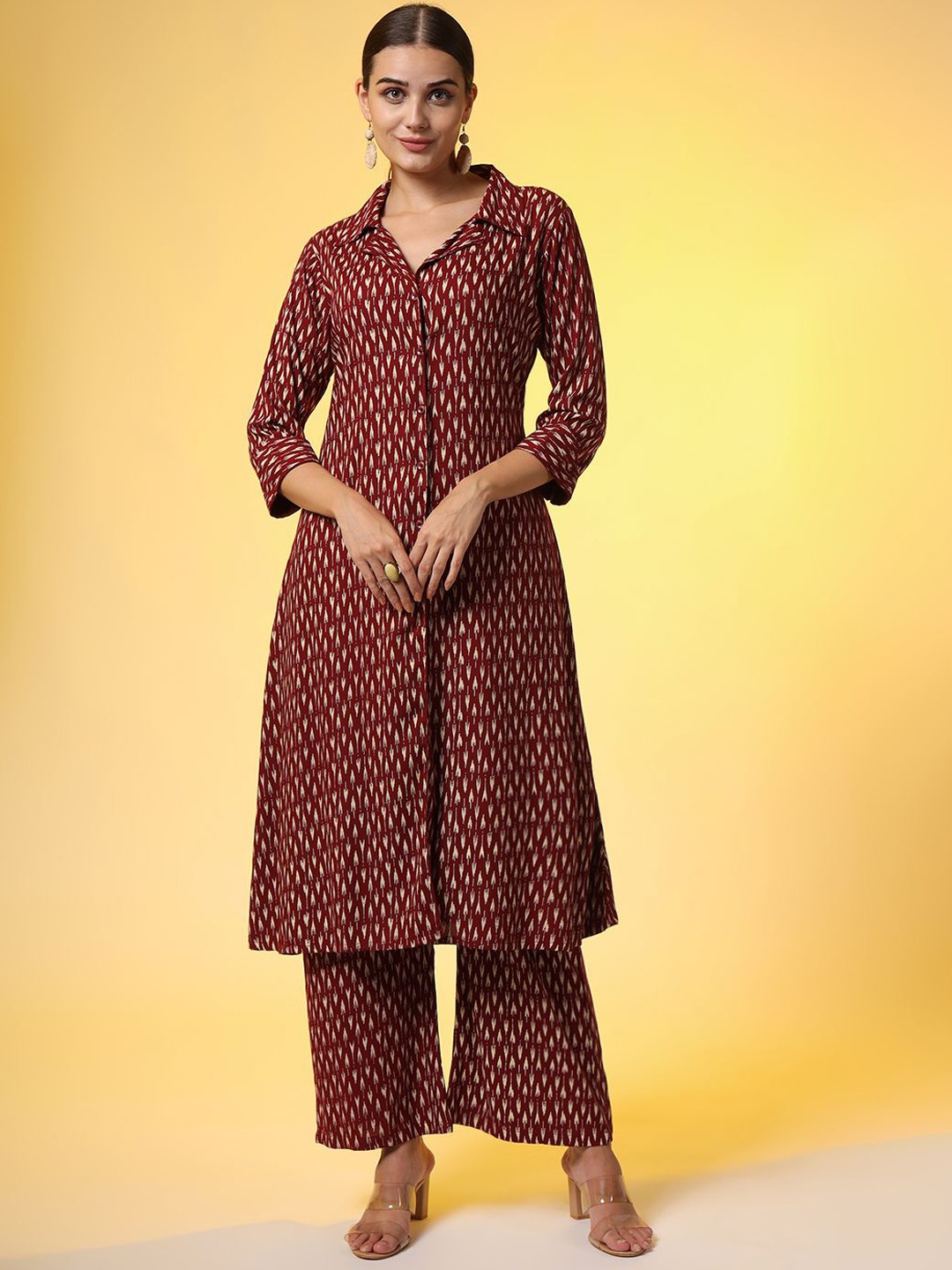 

SUFIZA LIFESTYLE Printed Shirt Collar Tunic With Palazzo, Maroon