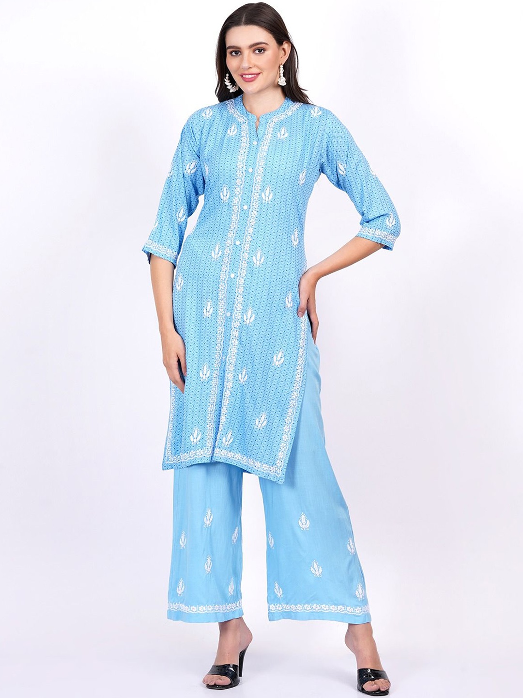 

SUFIZA LIFESTYLE Embroidered Mandarin Collar Pure Cotton Tunic With Palazzo, Blue