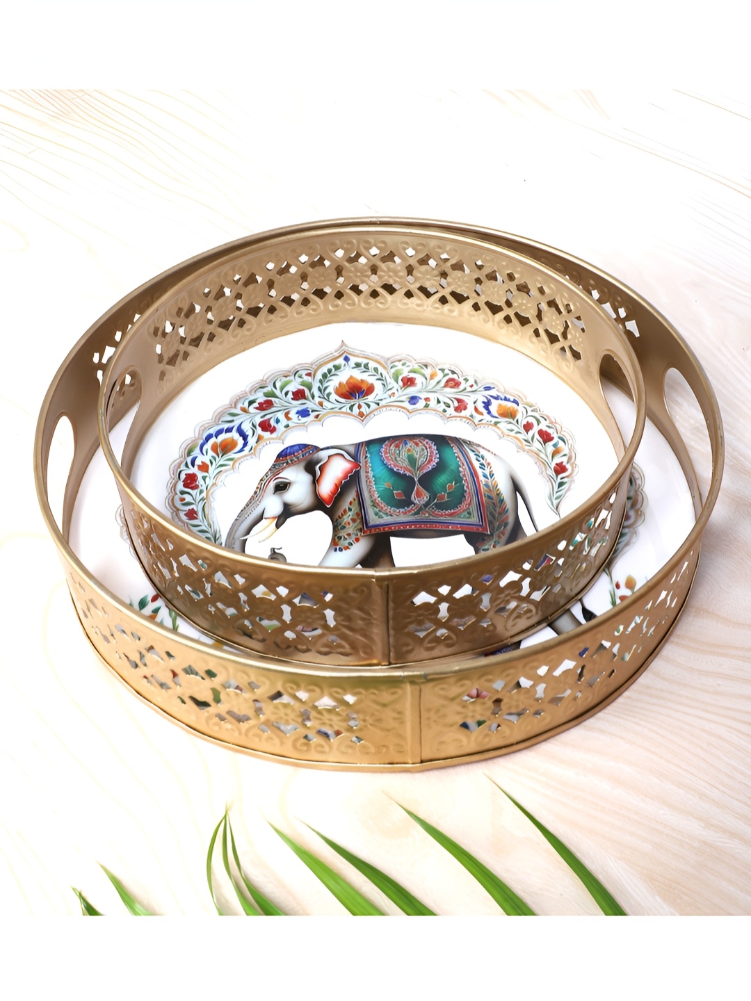 

Two Moustaches Brown & White 2 Pieces Printed Elephant Design Metal Serving Trays, Gold