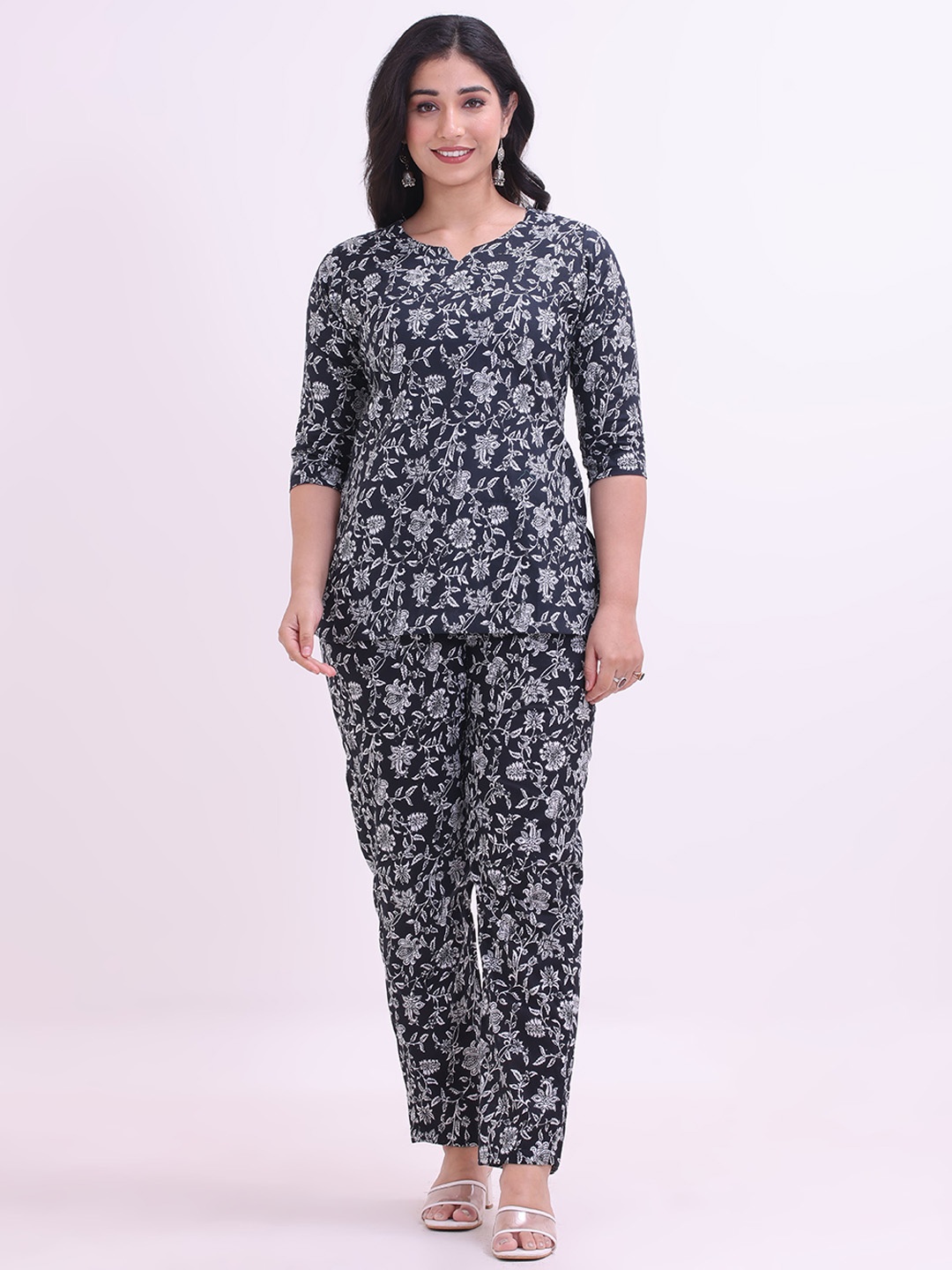 

Smartyhub Floral Printed Pure Cotton Top With Trousers, Black