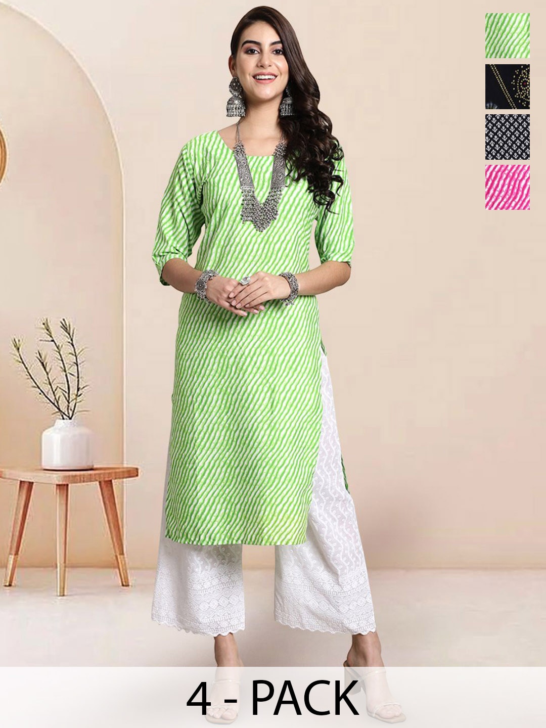 

7Threads Selection Of 4 Floral Printed Round Neck Straight Kurtas, Green