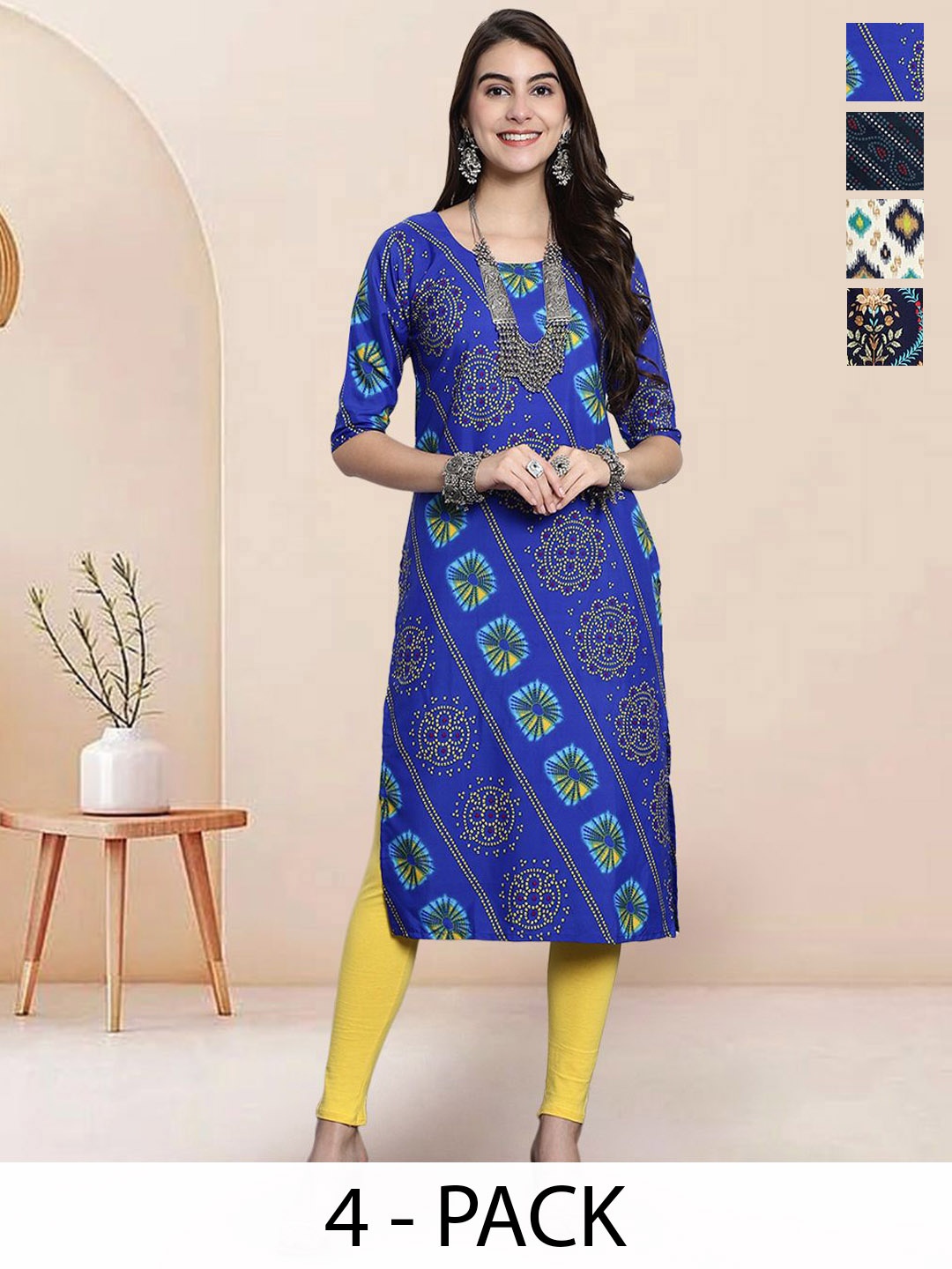 

7Threads Selection Of 4 Floral Printed Round Neck Straight Kurtas, Blue