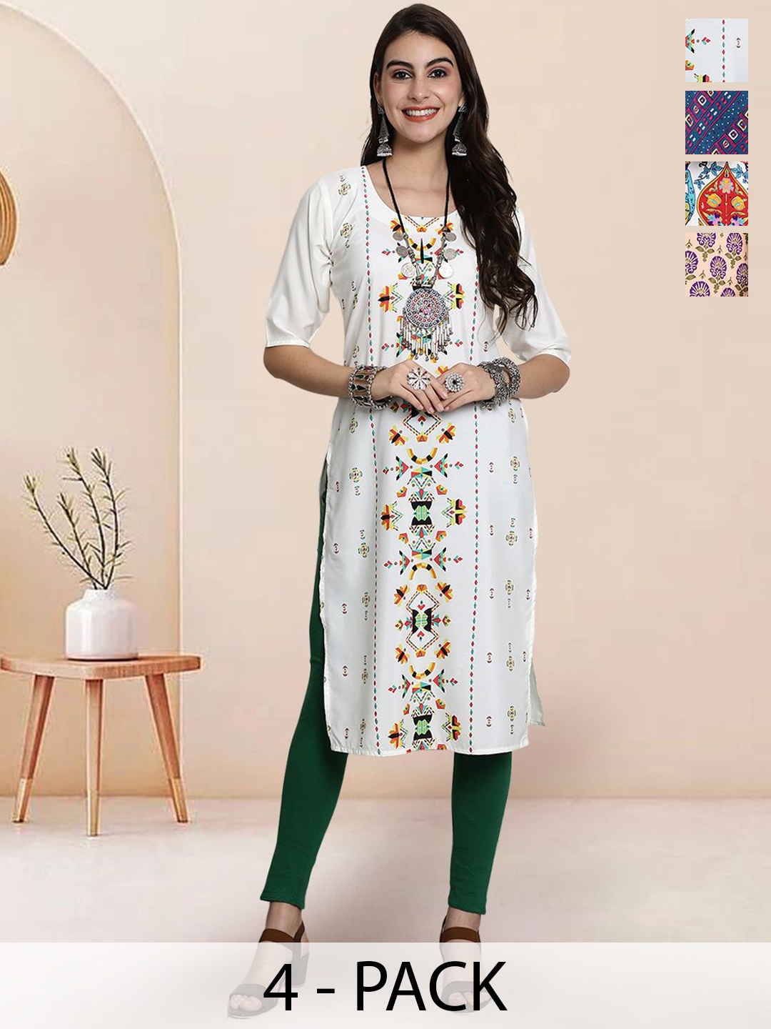 

7Threads Selection Of 4 Geometric Printed Straight Kurtas, White