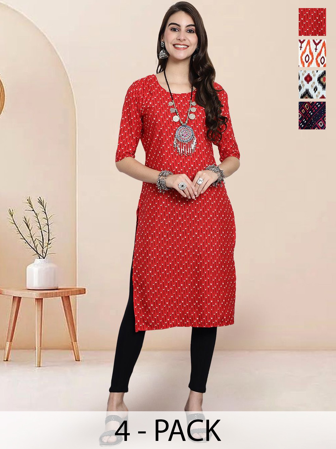 

7Threads Selection of 4 Abstract Printed Round Neck Straight Kurta, Red