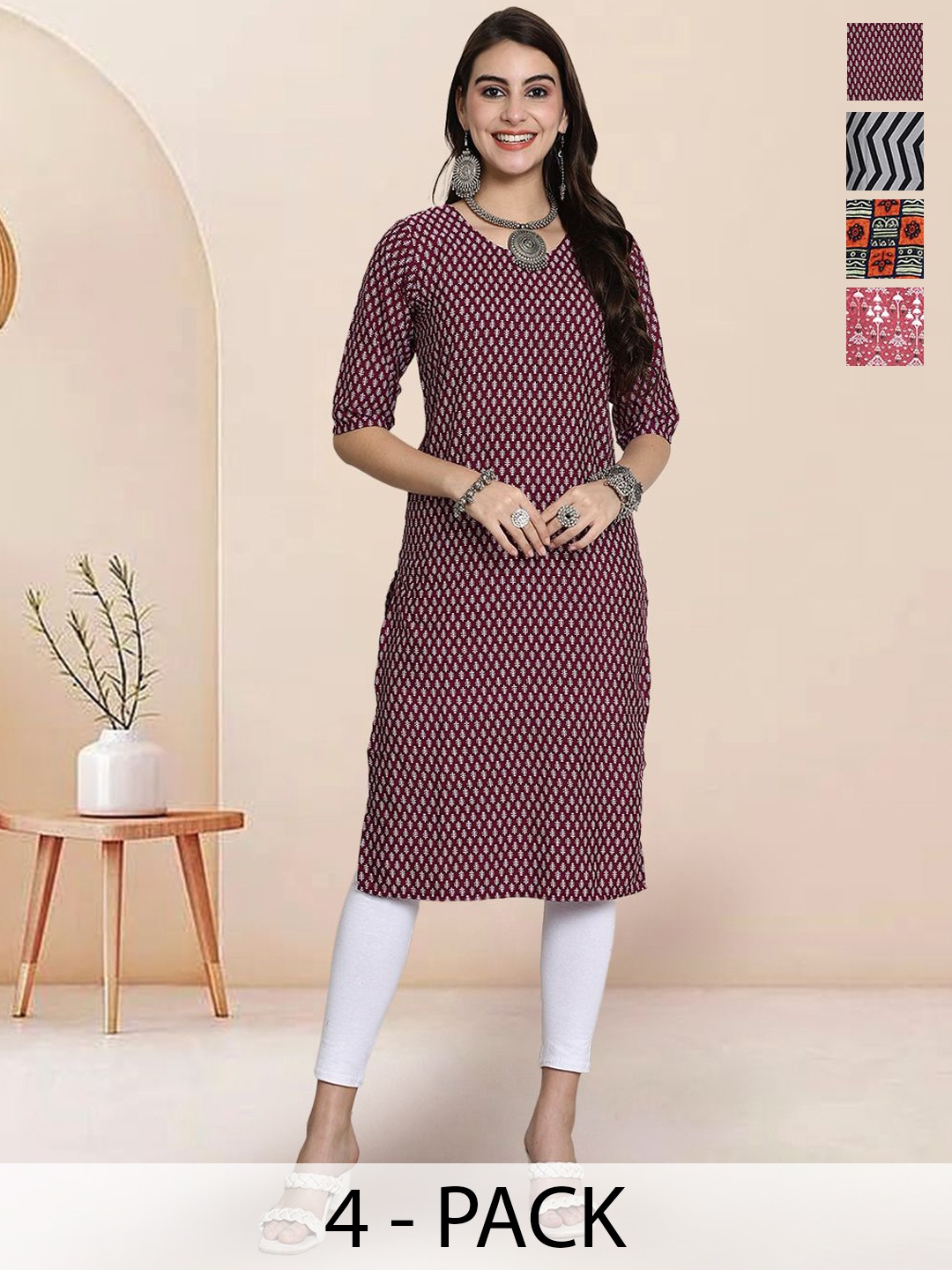 

7Threads Selection Of 4 Floral Printed Round Neck Straight Kurtas, Maroon