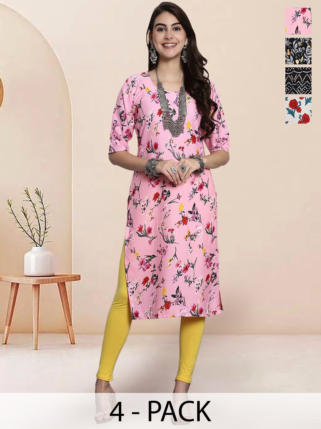 

7Threads Selection of 4 Floral Printed Round Neck Straight Kurta, Pink