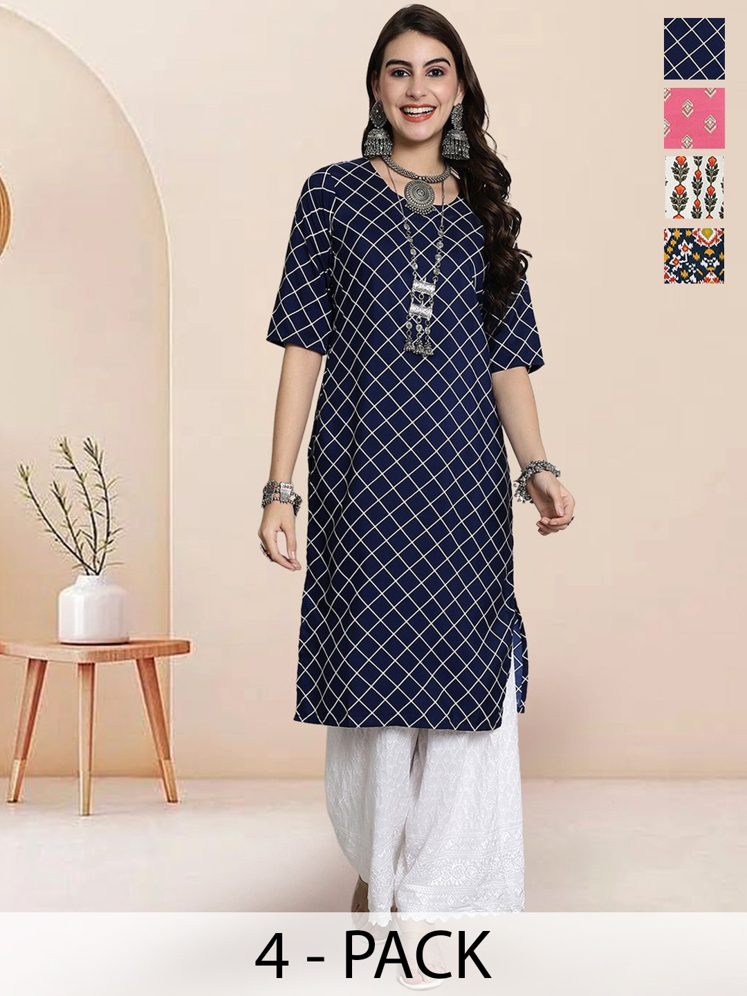 

7Threads Selection Of 4 Checked Printed Round Neck Straight Kurtas, Navy blue