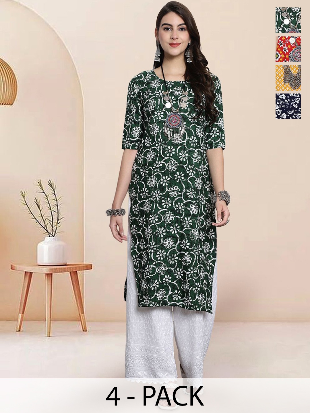 

7Threads Selection Of 4 Geometric Printed Round Neck Straight Kurtas, Green