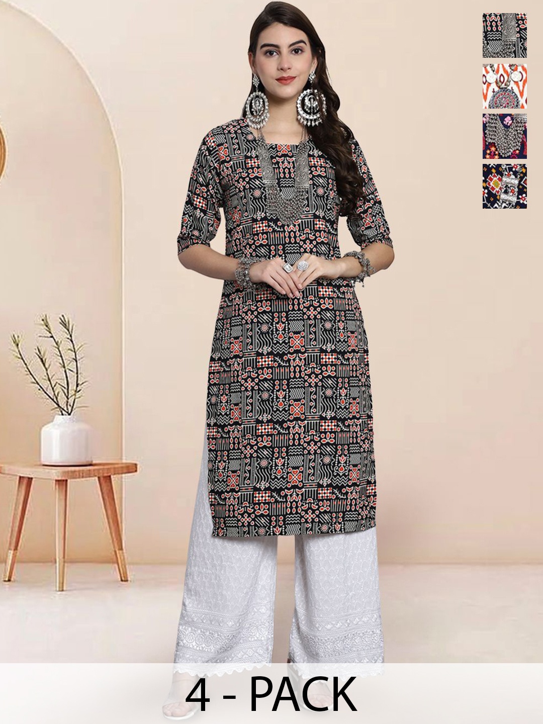 

7Threads Selection Of 4 Ethnic motifs Printed Round Neck Straight Kurtas, Black