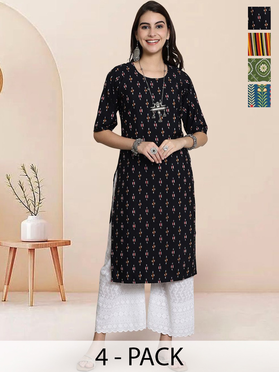 

7Threads Selection Of 4 Geometric Printed Round Neck Straight Kurtas, Black