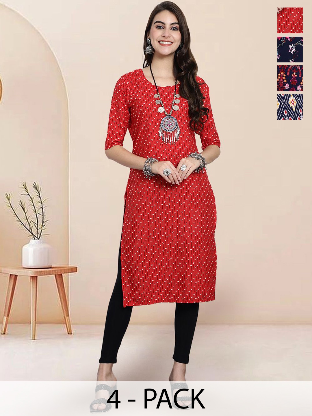 

7Threads Selection Of 4 Floral Printed Round Neck Straight Kurtas, Red