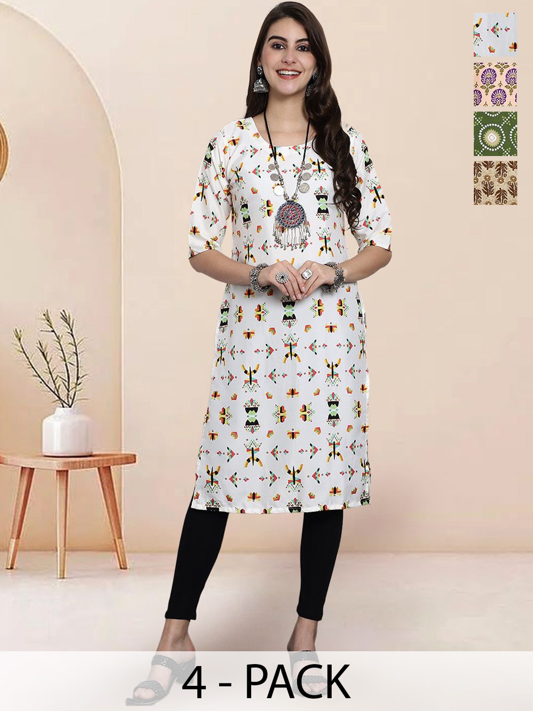 

7Threads Selection Of 4 Geometric Printed Round Neck Straight Kurtas, White