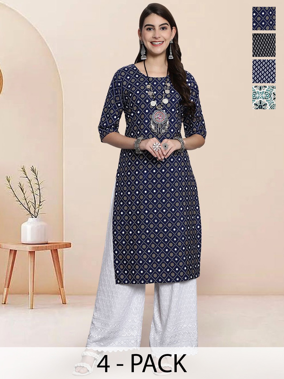 

7Threads Selection of 4 Floral Printed Round Neck Straight Kurta, Navy blue