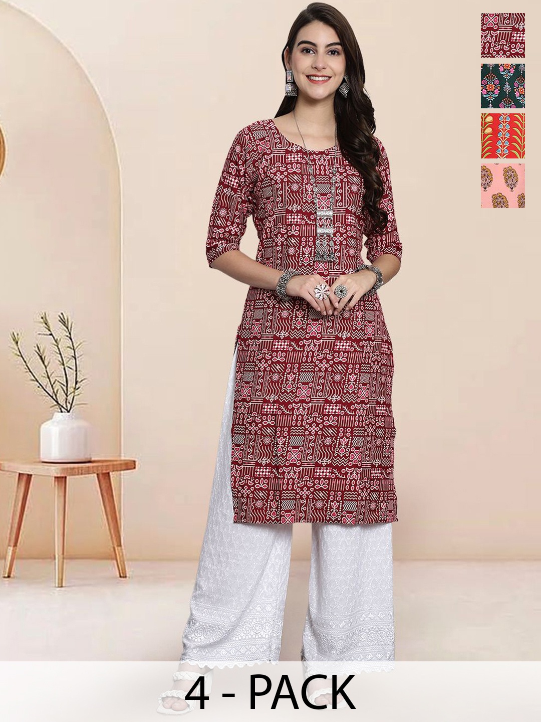 

7Threads Selection Of 4 Geometric Printed Round Neck Straight Kurtas, Maroon