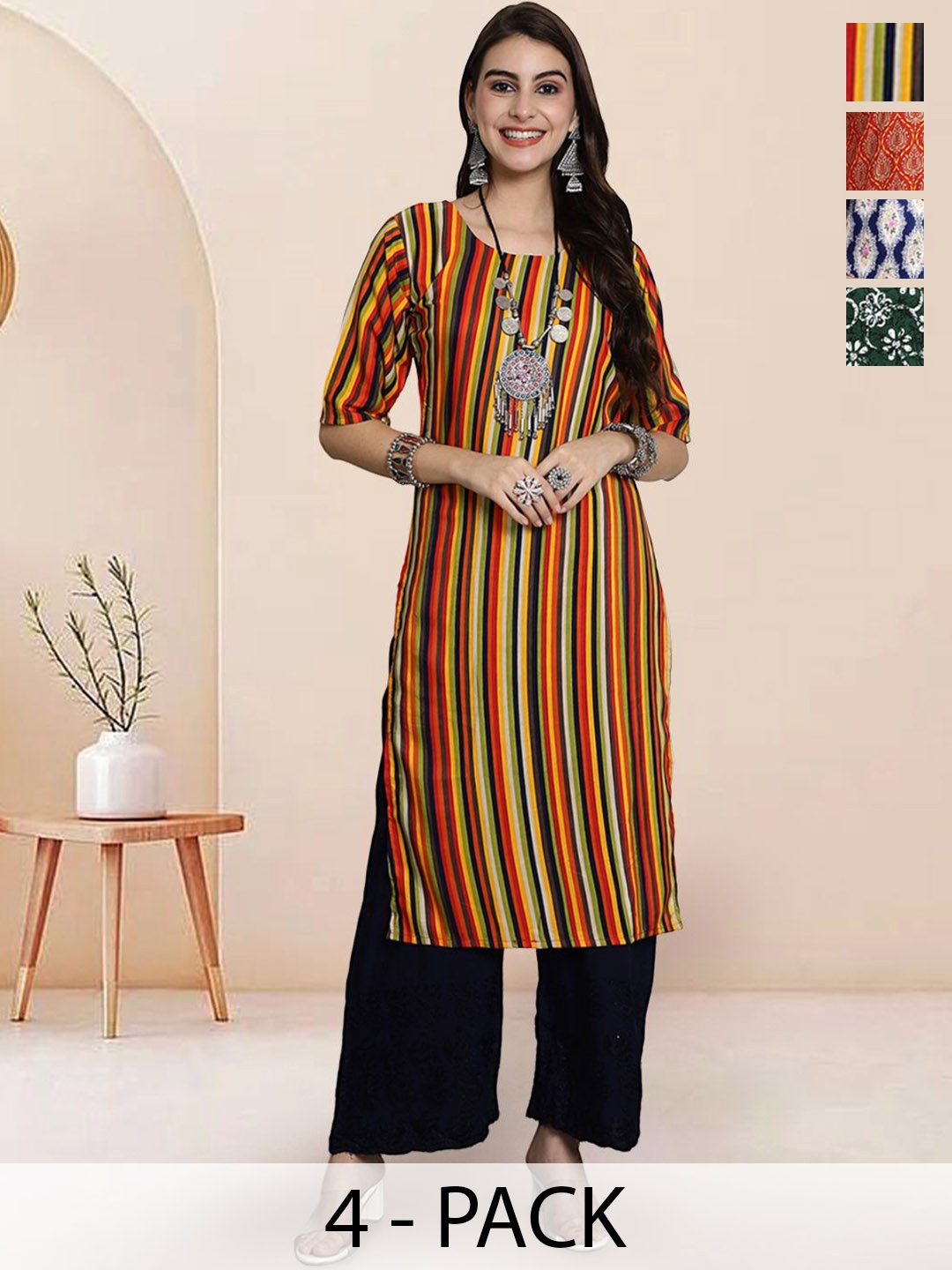 

7Threads Selection Of 4 Striped Round Neck Straight Kurtas, Orange