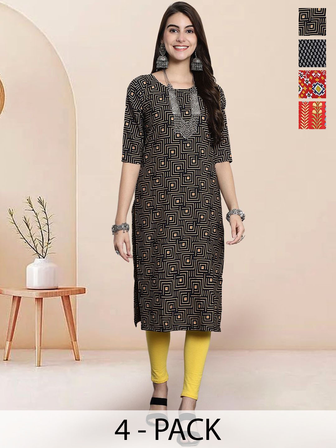 

7Threads Selection Of 4 Geometric Printed Round Neck Straight Kurtas, Black