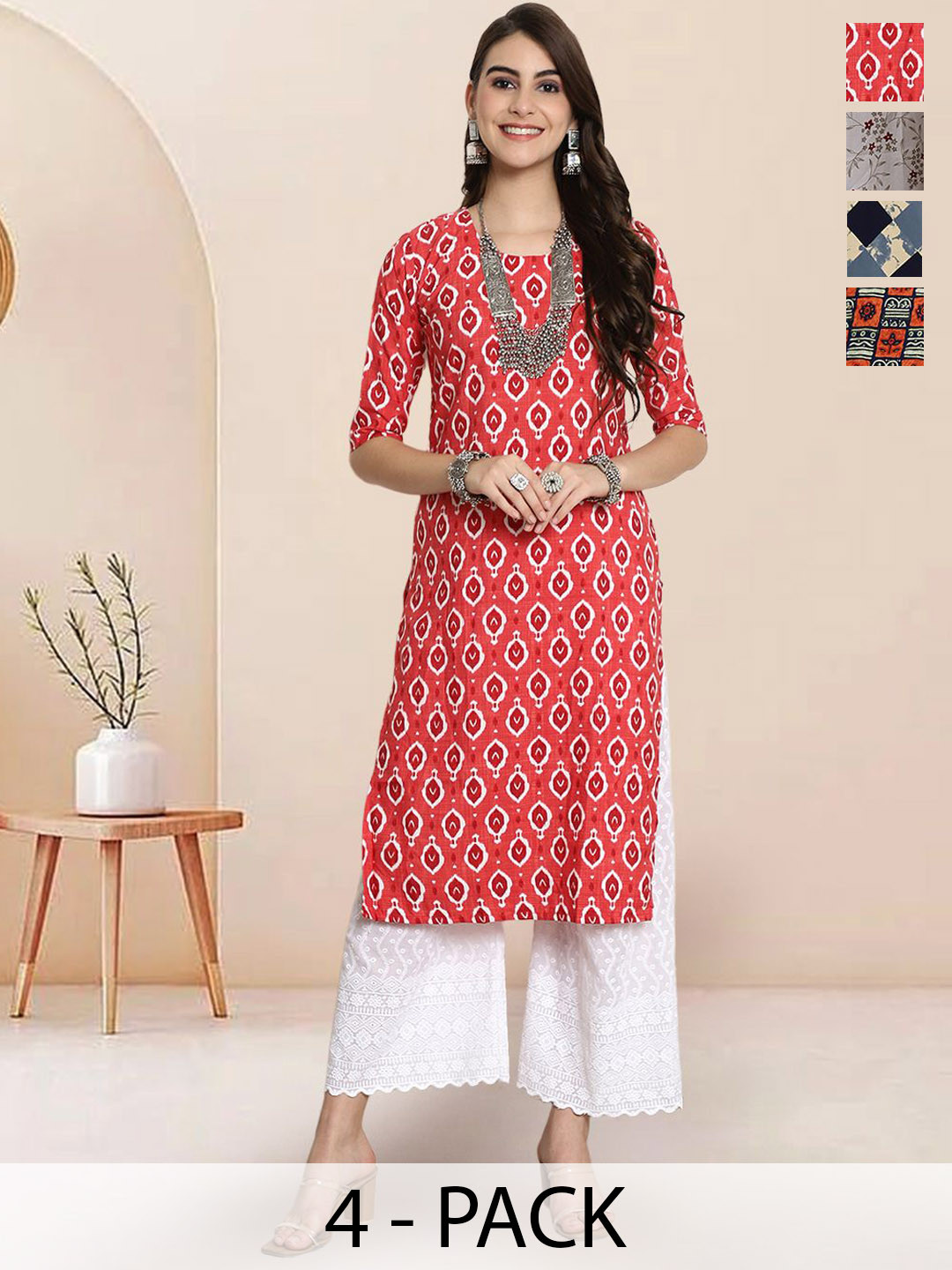 

7Threads Selection Of 4 Ethnic Motifs Printed Round Neck Straight Kurtas, Red