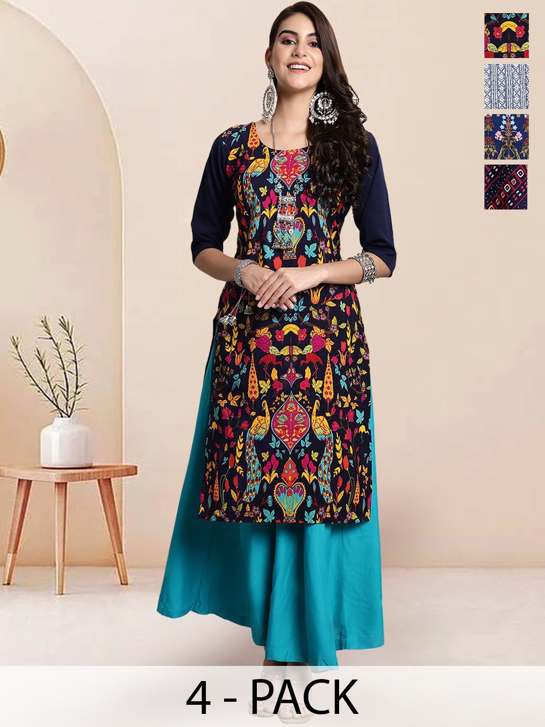 

7Threads Selection Of 4 Floral Printed Round Neck Straight Kurtas, Black