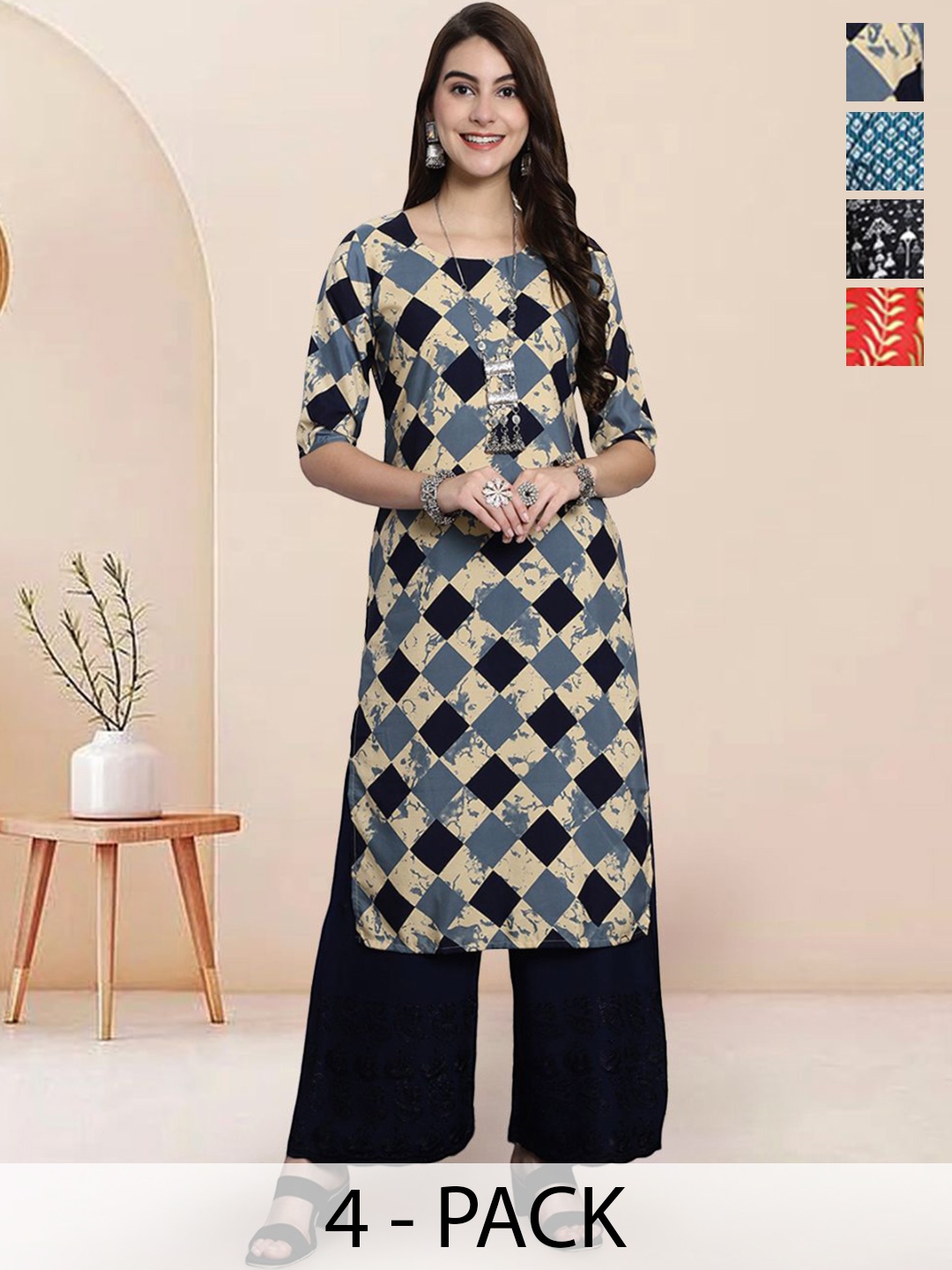 

7Threads Selection Of 4 Geometric Printed Round Neck Straight Kurtas, Black